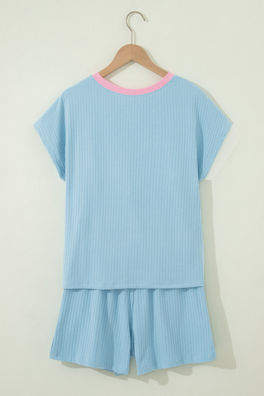 Mist Blue Ribbed Colour Block Tee & Shorts Co-ord Set