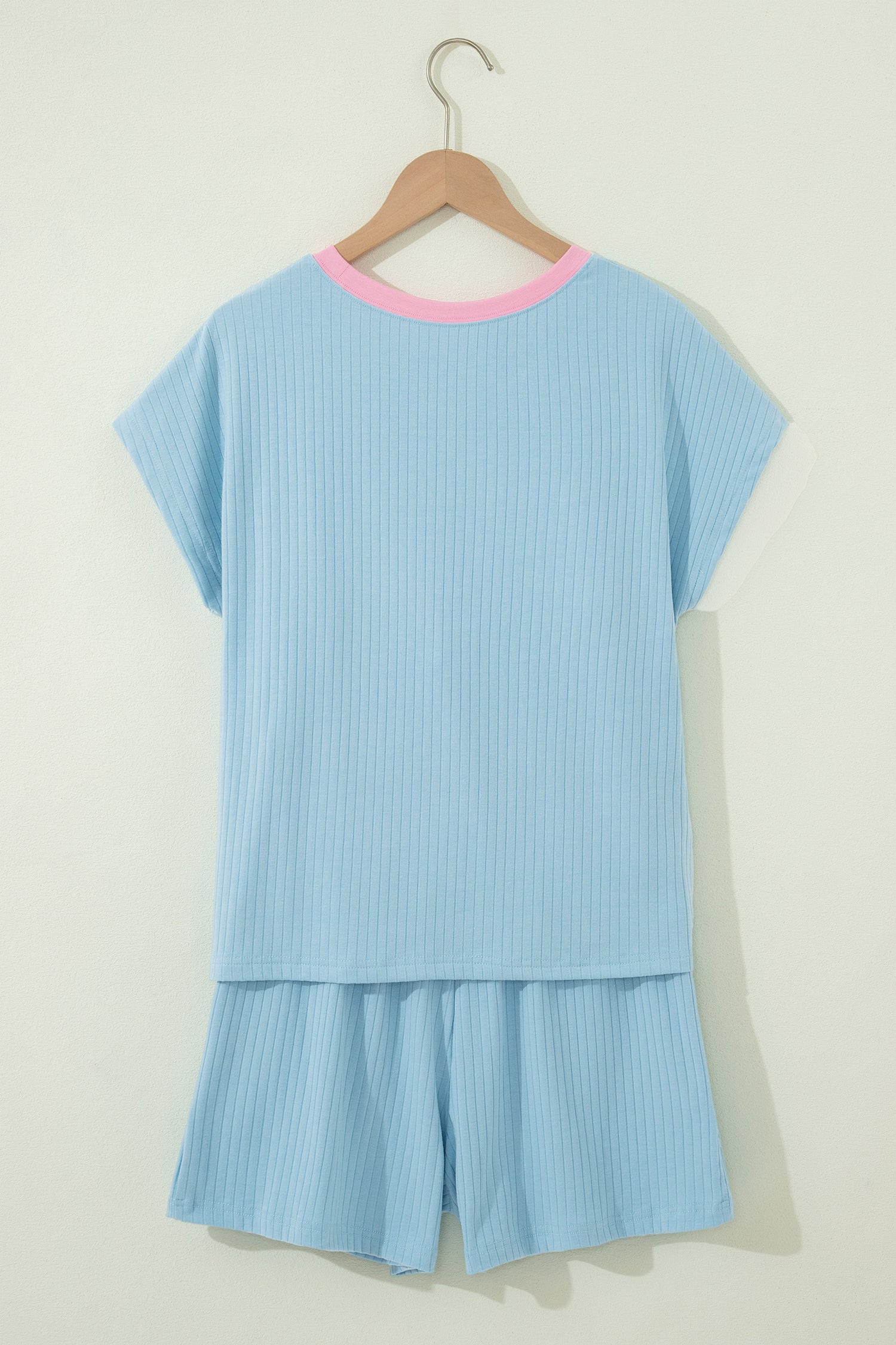 Mist Blue Ribbed Colour Block Tee & Shorts Co-ord Set