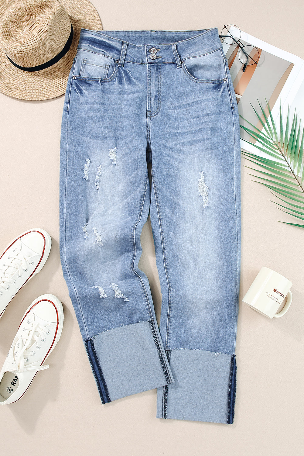 Shop Sky Blue High Waist Distressed Straight Leg Jeans UK 8-22 at LivelyLooks