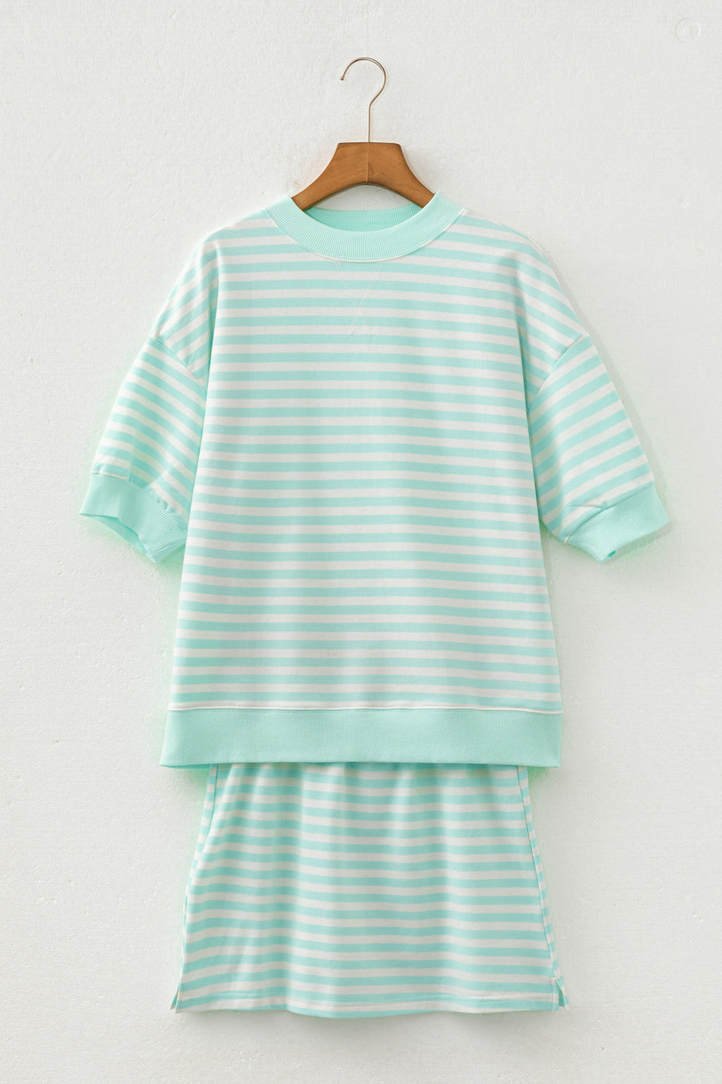 Green Stripe Ribbed Colour Block Half Sleeve Top & Mini Skort Set | UK 8–22