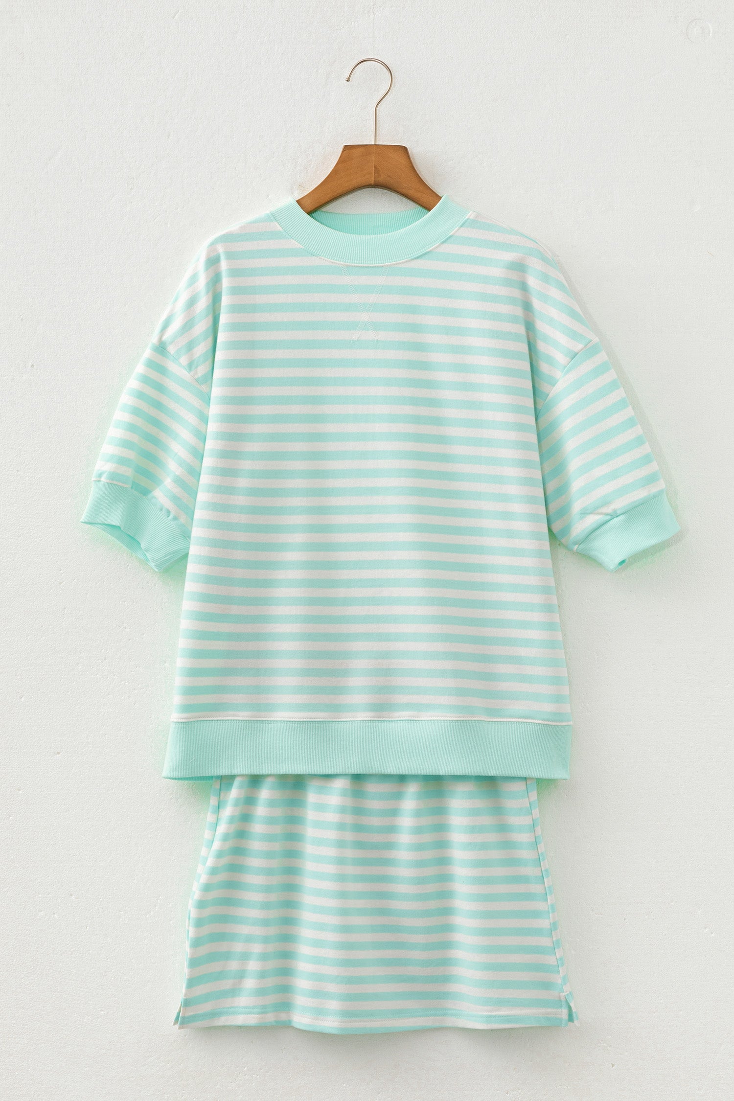 Green Stripe Ribbed Colour Block Half Sleeve Top & Mini Skort Set | UK 8–22