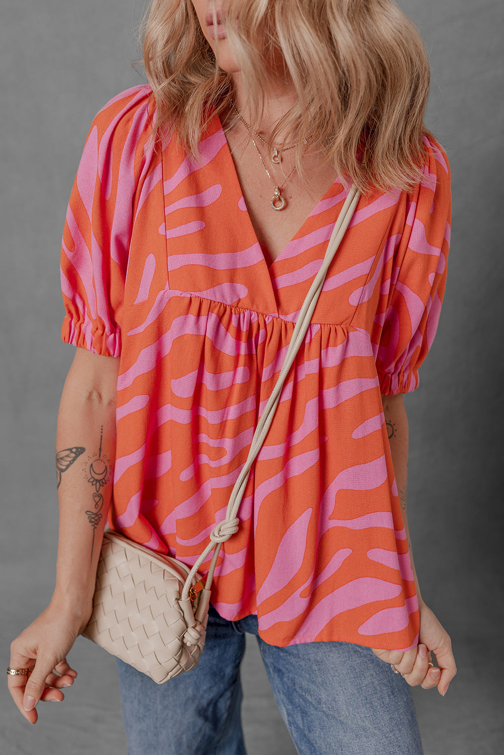 Orange Zebra Print Blouse Ruched Cuff Half Sleeve V Neck Women S-XL