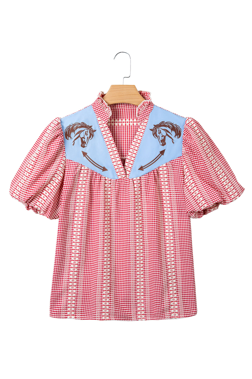 Red Brown Western Gingham Blouse Pony Embroidered Puff Sleeve S-XL