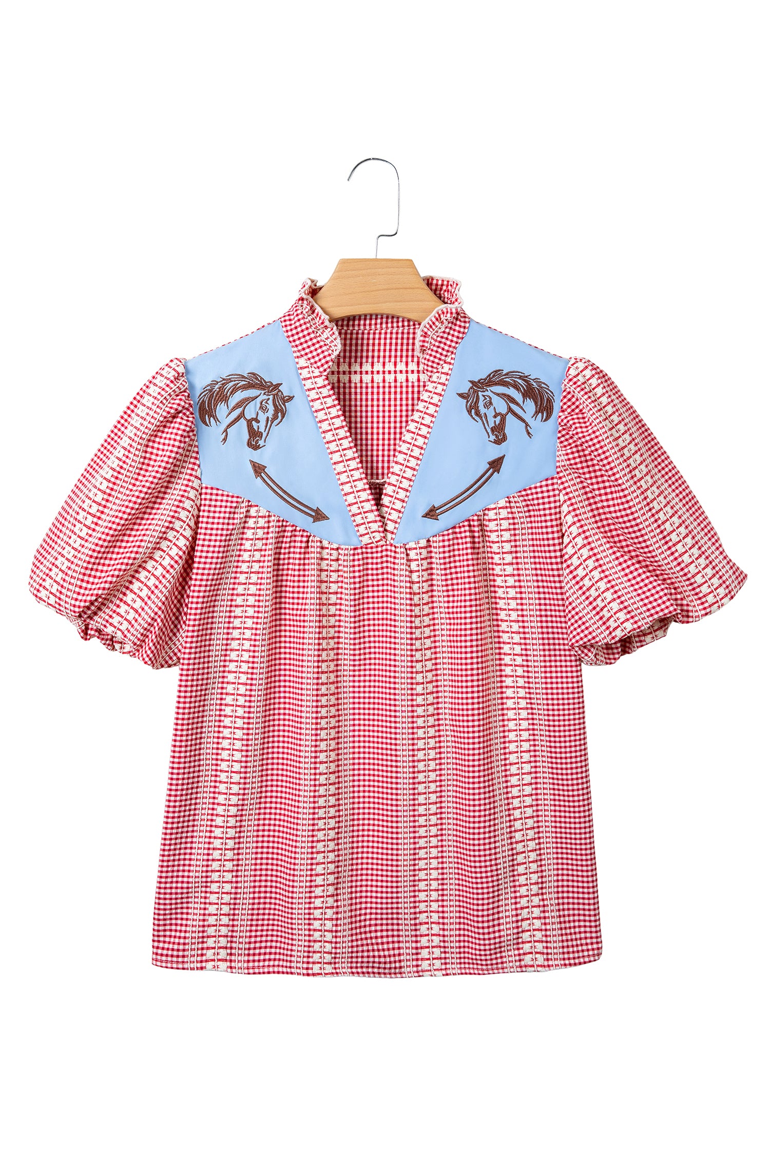 Red Brown Western Gingham Blouse Pony Embroidered Puff Sleeve S-XL