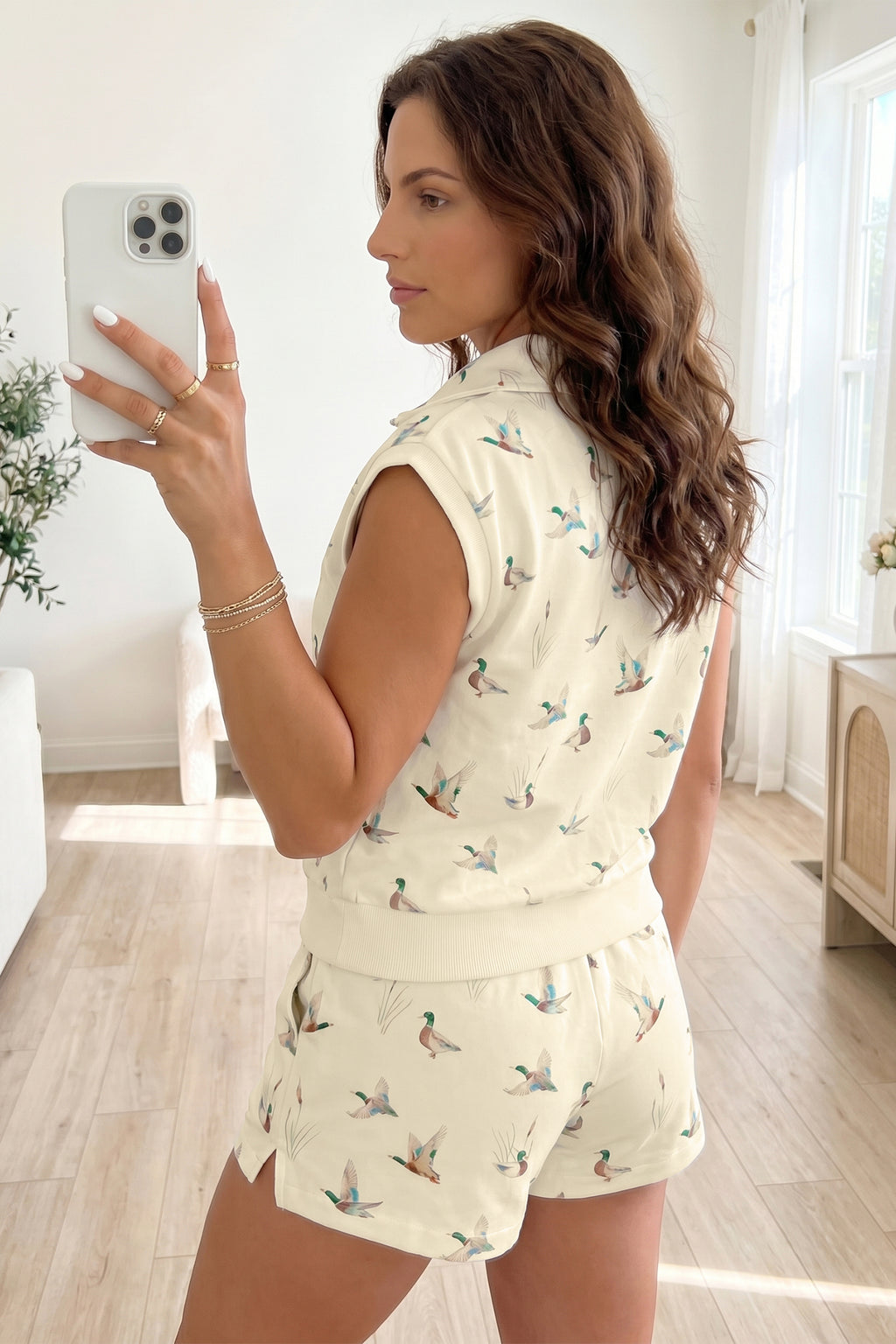 Beige Mallard Print Zip Polo Tee & Drawstring Shorts Co-ord Set
