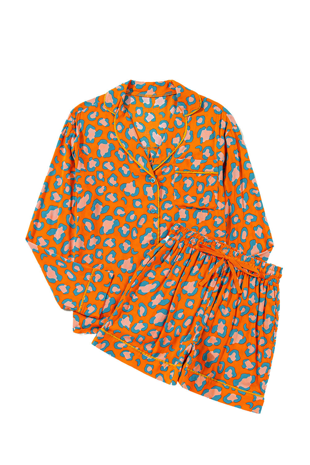 Women's Orange Leopard Print Long Sleeve Shirt and Shorts Pyjama Set Nightwear PJ Lounge at LivelyLooks