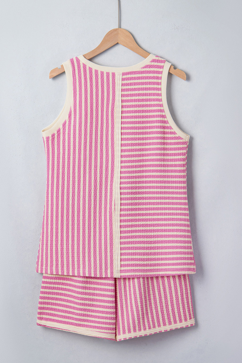 Pink Stripe Textured Contrast Trim Tank & Shorts Co-ord Set