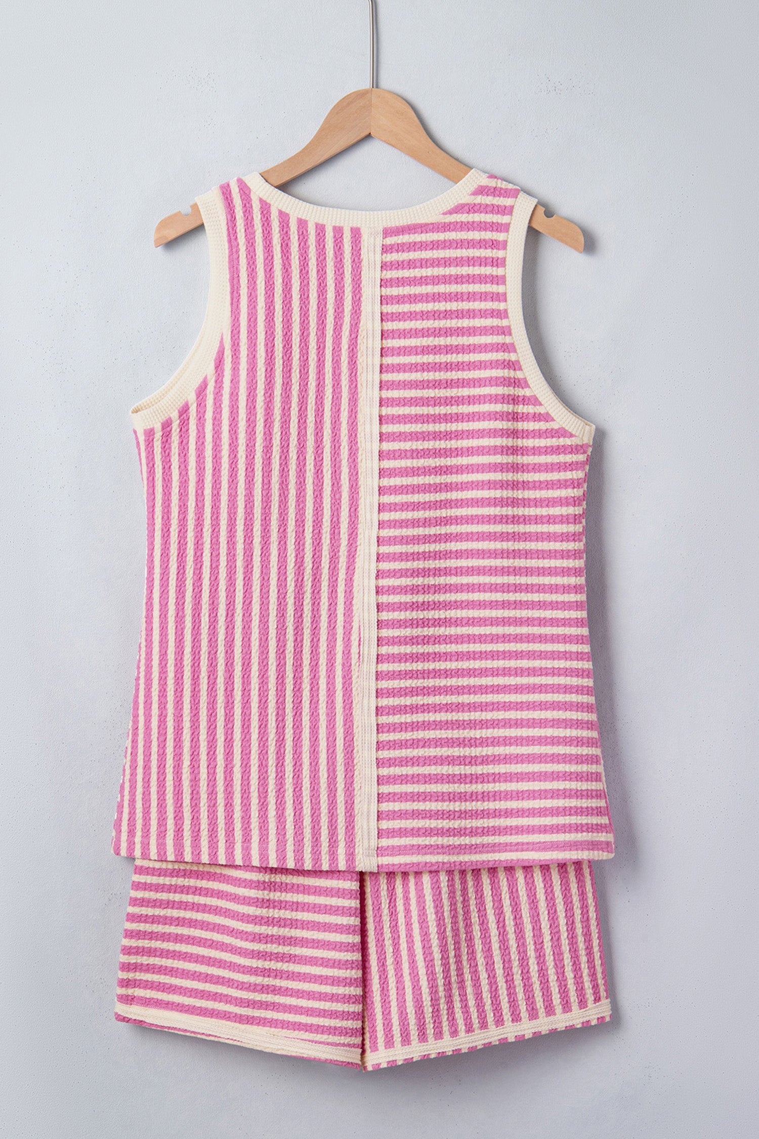 Pink Stripe Textured Contrast Trim Tank & Shorts Co-ord Set