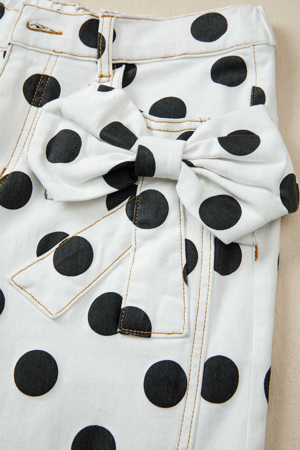 Polka Dot Print Bow Detail Pocketed Loose Jeans | White & Sky Blue