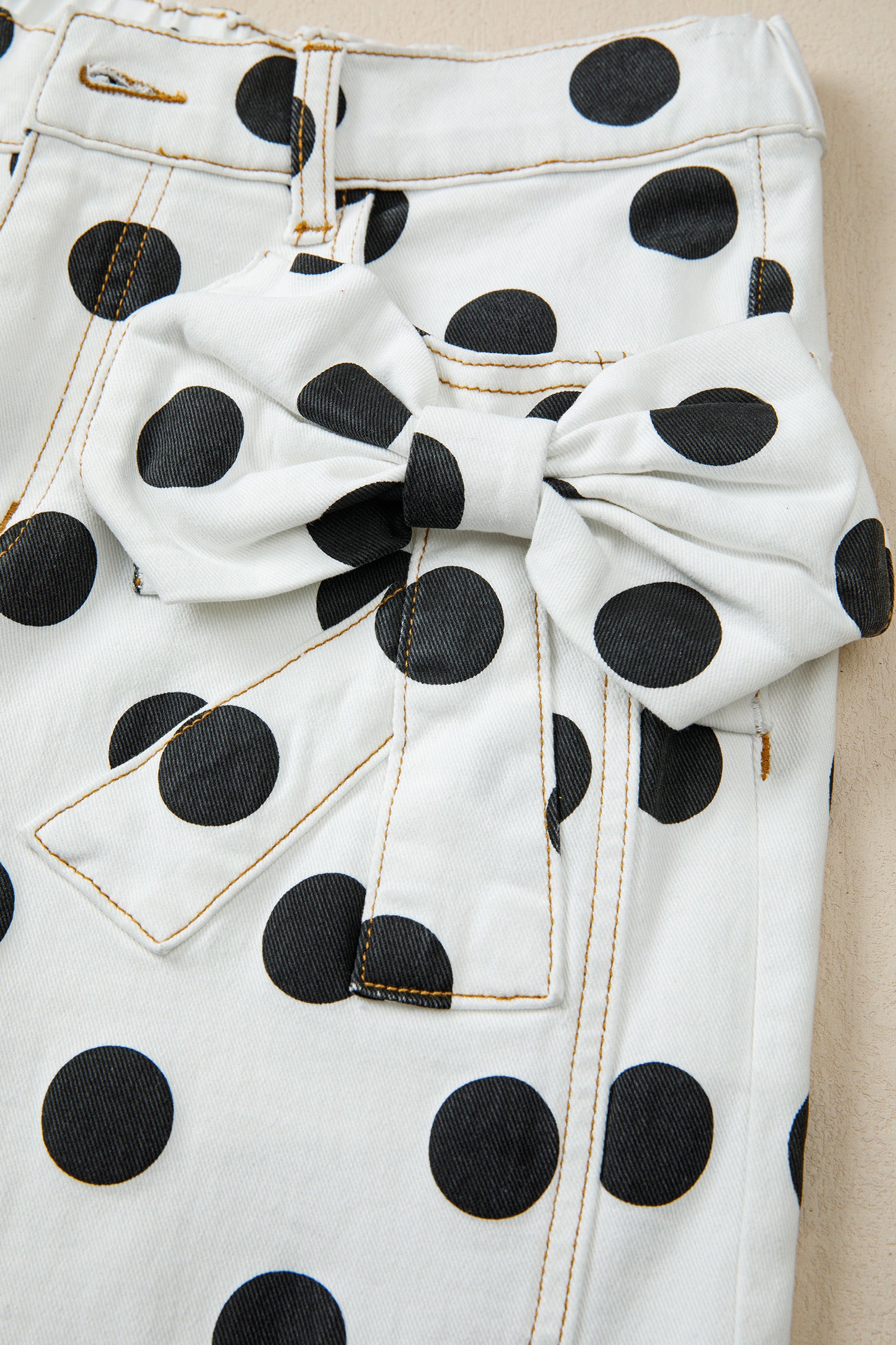 Polka Dot Print Bow Detail Pocketed Loose Jeans | White & Sky Blue