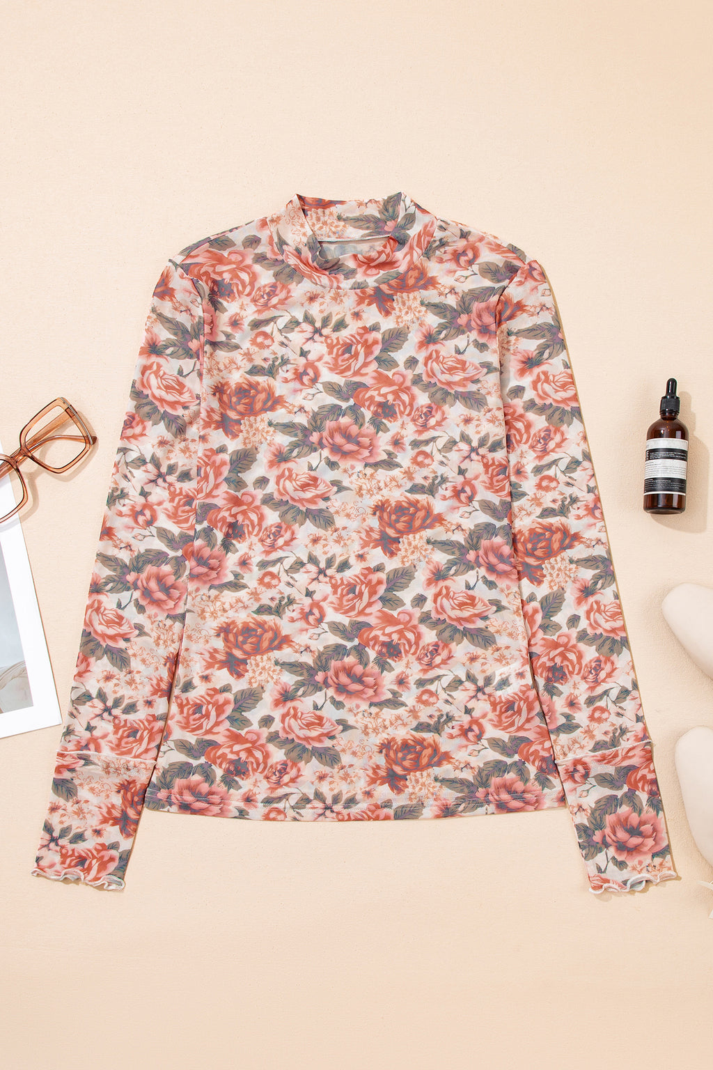 Women's White Retro Floral Mesh Mock Neck Long Sleeve Top at LivelyLooks
