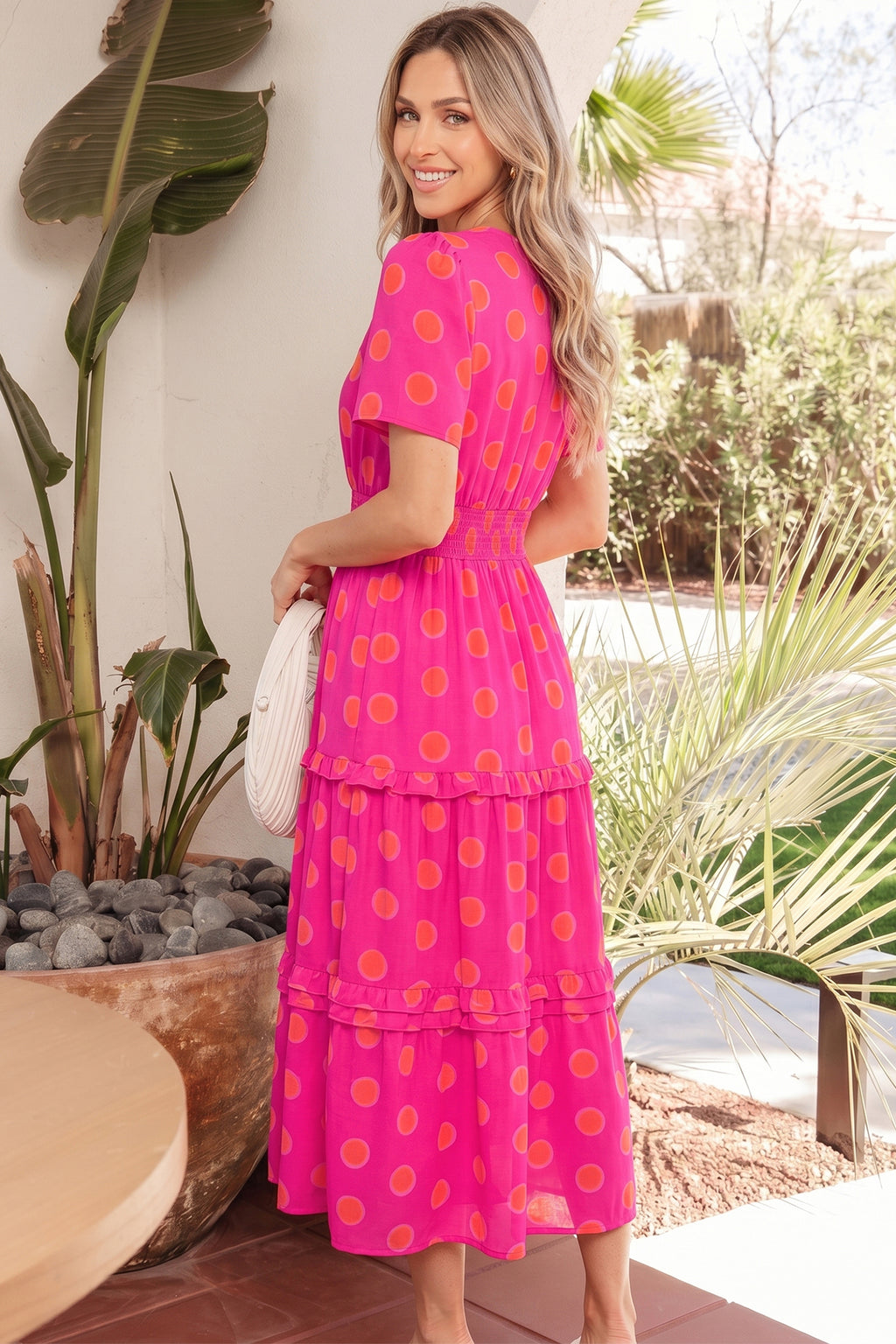 Rose Polka Dot Shirred High Waist Midi Dress | Short Sleeve Shadow Print