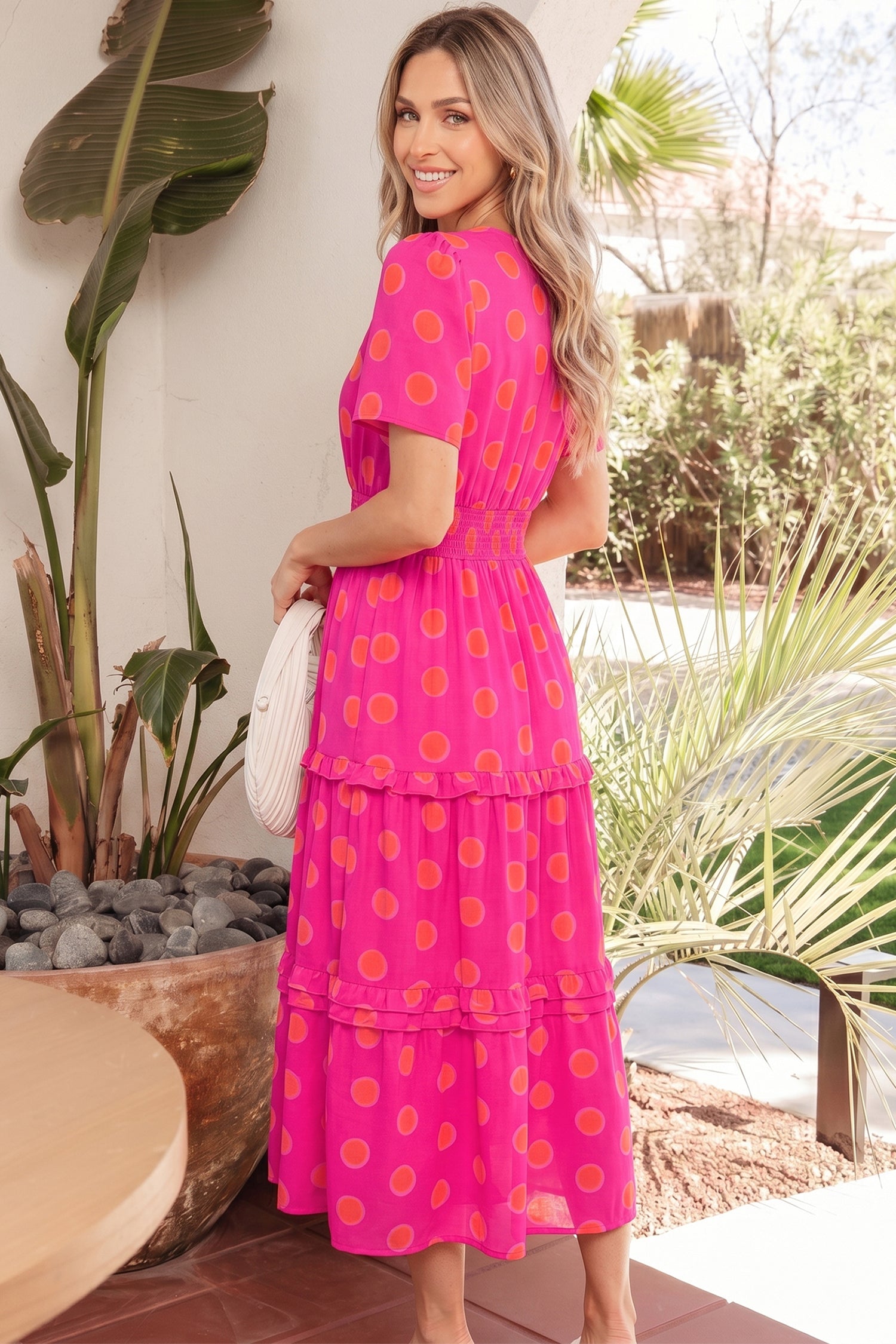 Rose Polka Dot Shirred High Waist Midi Dress | Short Sleeve Shadow Print
