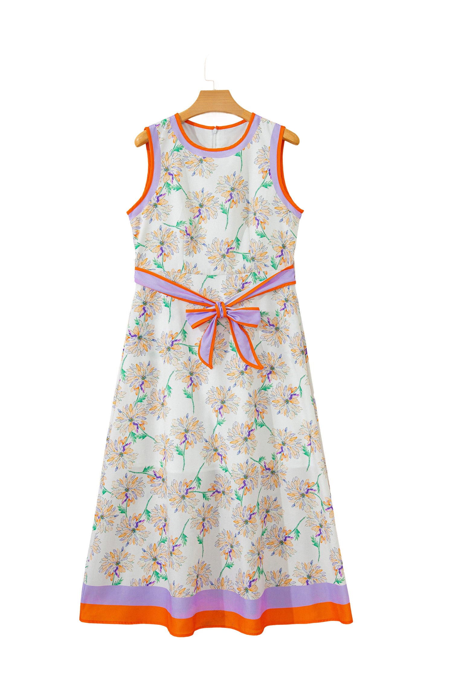 Women's White Floral Print Colour Block Trim Belted Sleeveless Maxi Dress at LivelyLooks