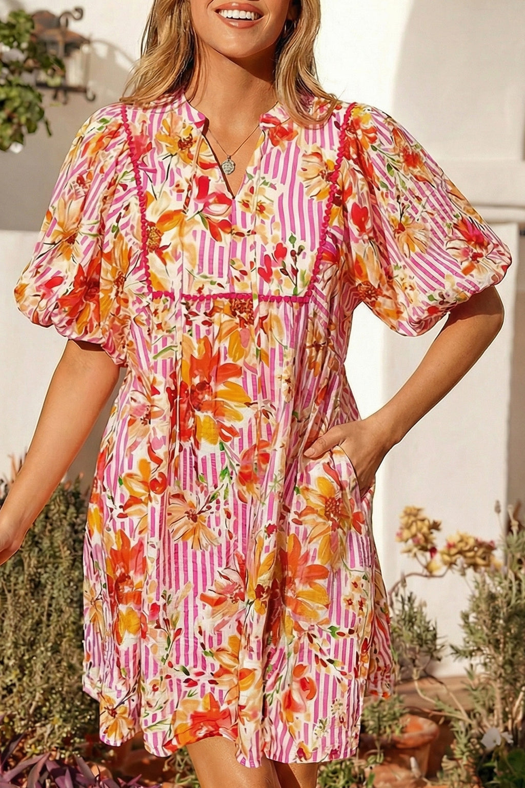 Pink Striped Floral Tie Neck Puff Sleeve Loose Mini Dress S-XL