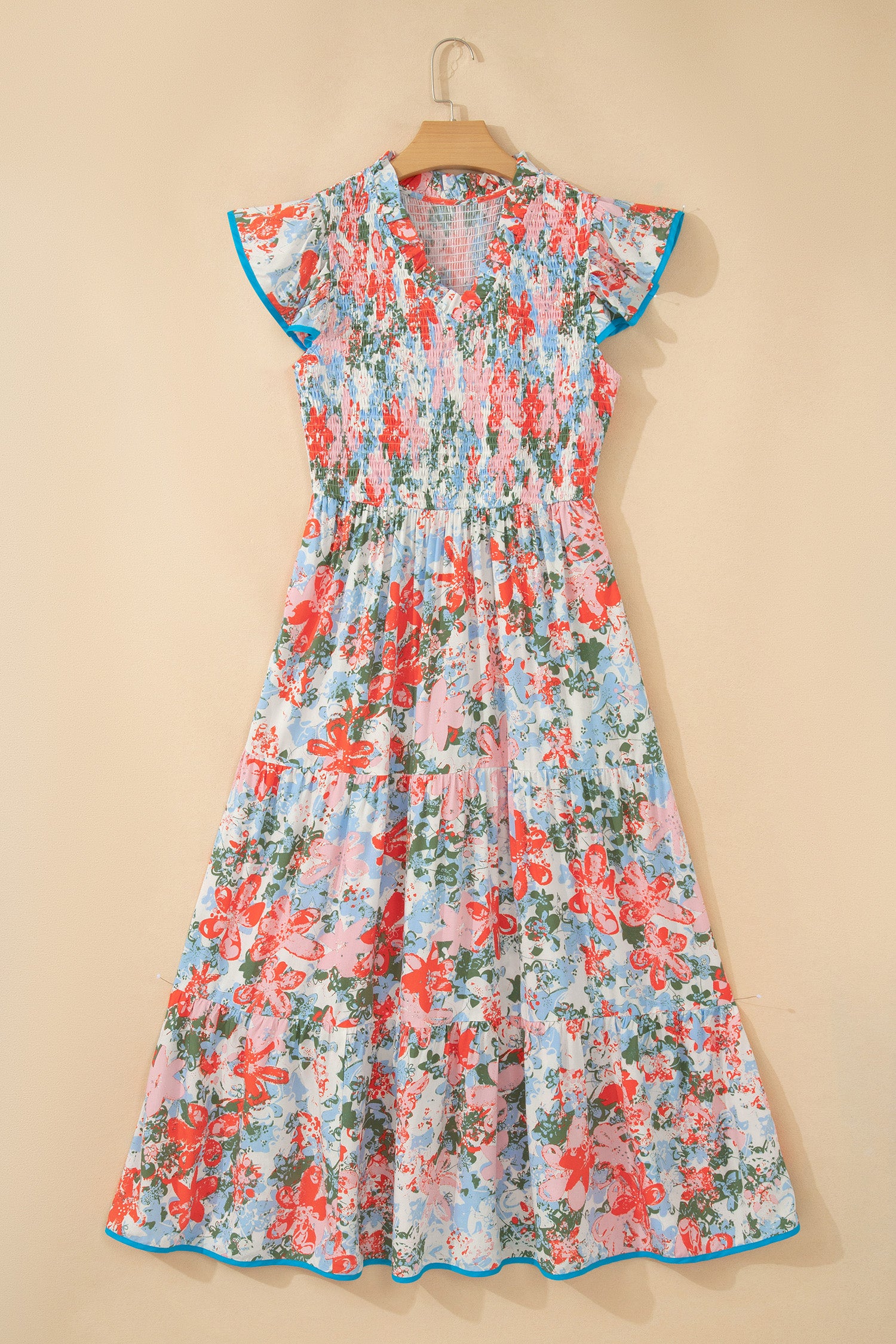 Apricot Floral Print Maxi Dress V Neck Flutter Sleeve Tiered Women S-XL