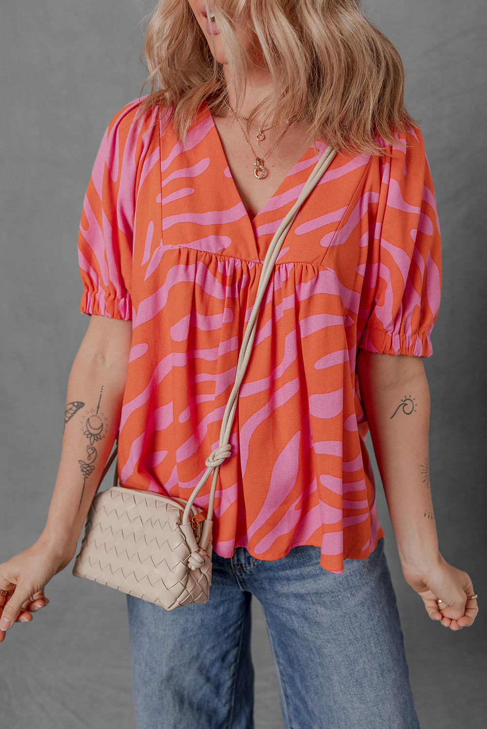 Orange Zebra Print Blouse Ruched Cuff Half Sleeve V Neck Women S-XL