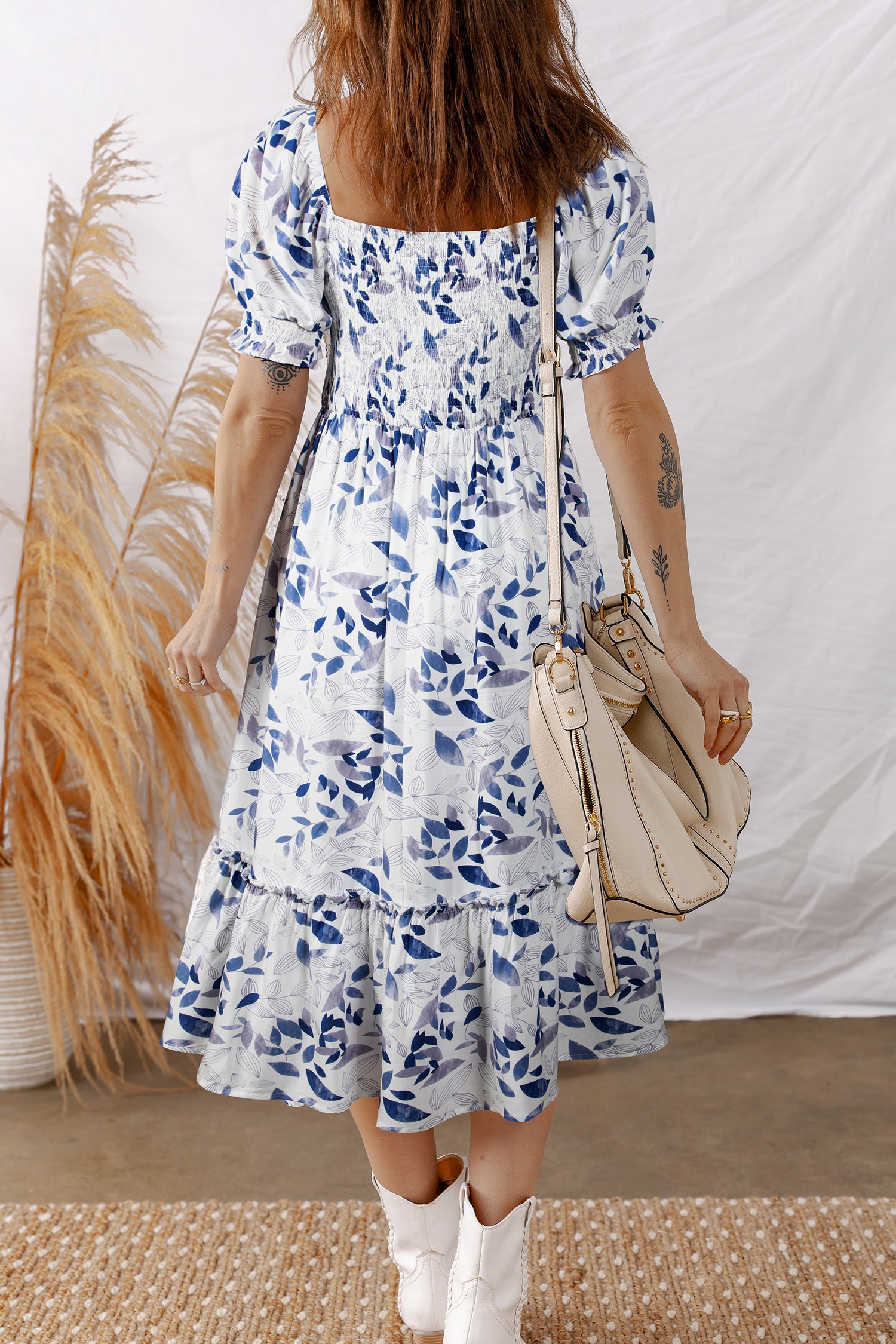 Sky Blue Floral Midi Dress Smocked Bodice Short Puff Sleeve Tiered Women S-XL