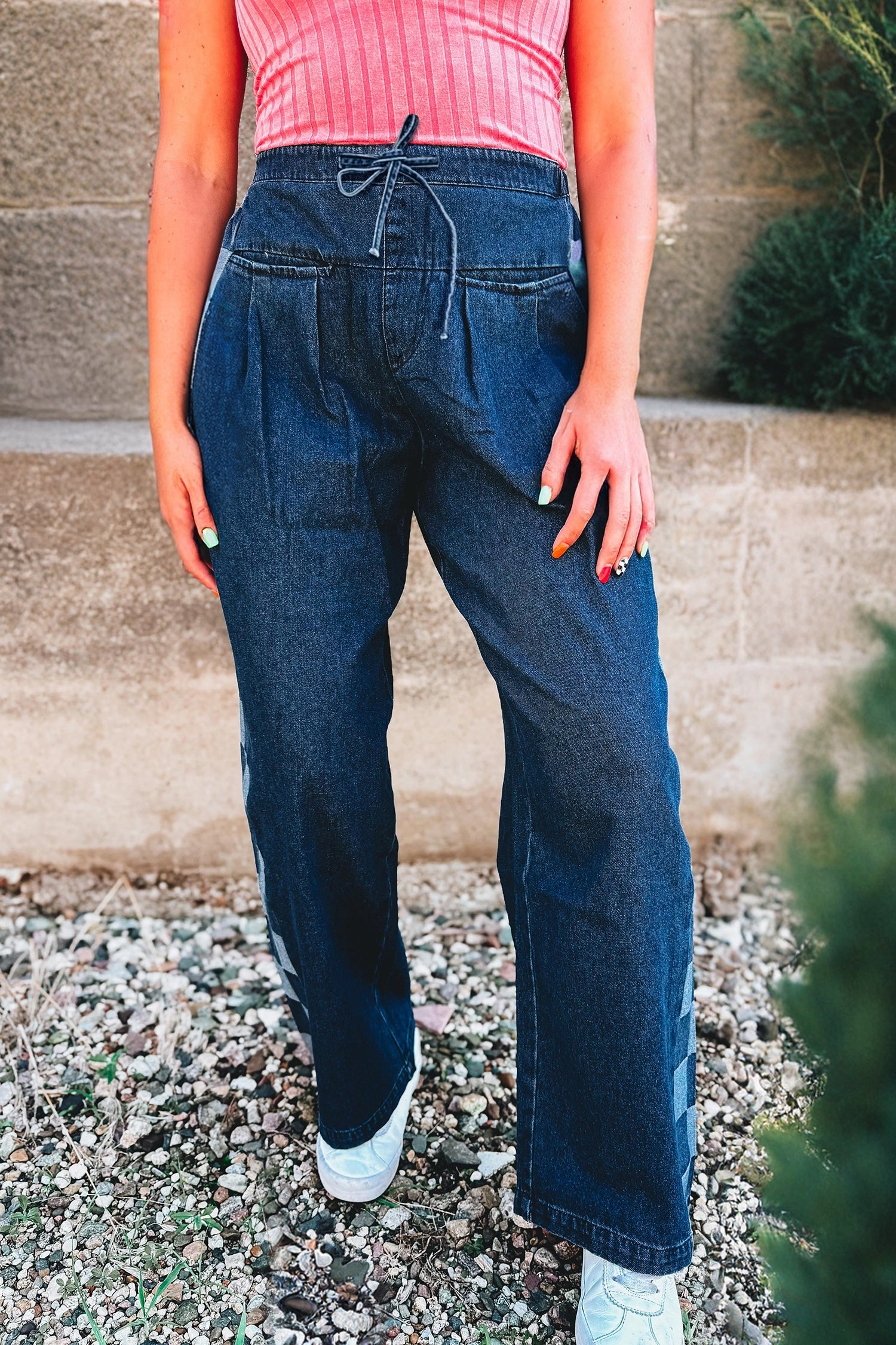 Women's Women's Patchwork Denim Pants Checkered Side Panel Drawstring Loose Sizes 4-16 at LivelyLooks