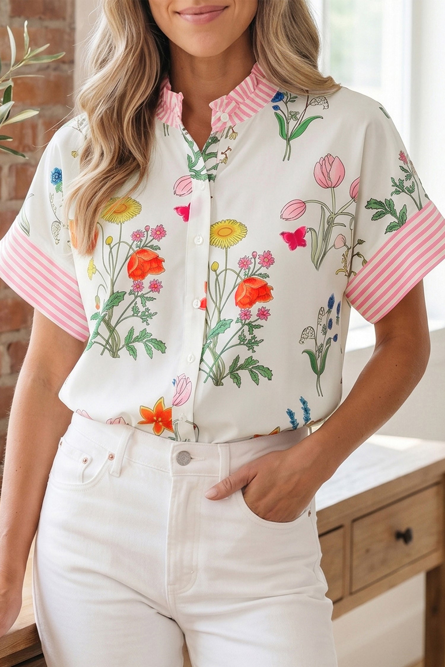 Floral Striped Ruffled Collar Shirt Short Sleeve Beige Sky Blue UK 8-22