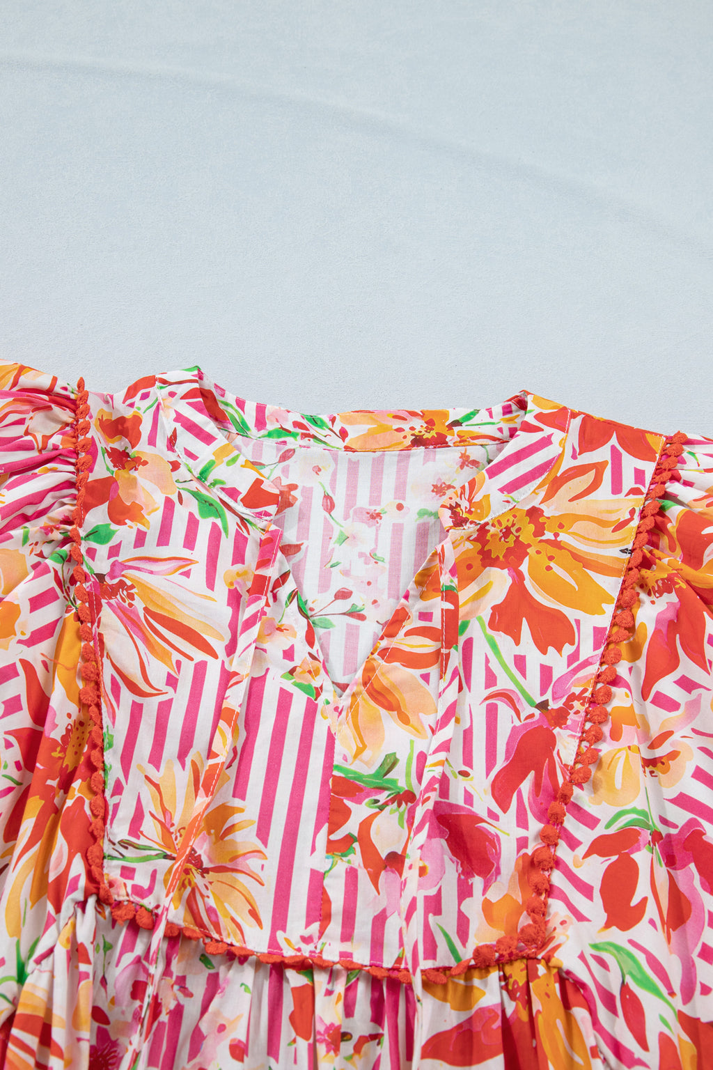Pink Striped Floral Tie Neck Puff Sleeve Loose Mini Dress S-XL