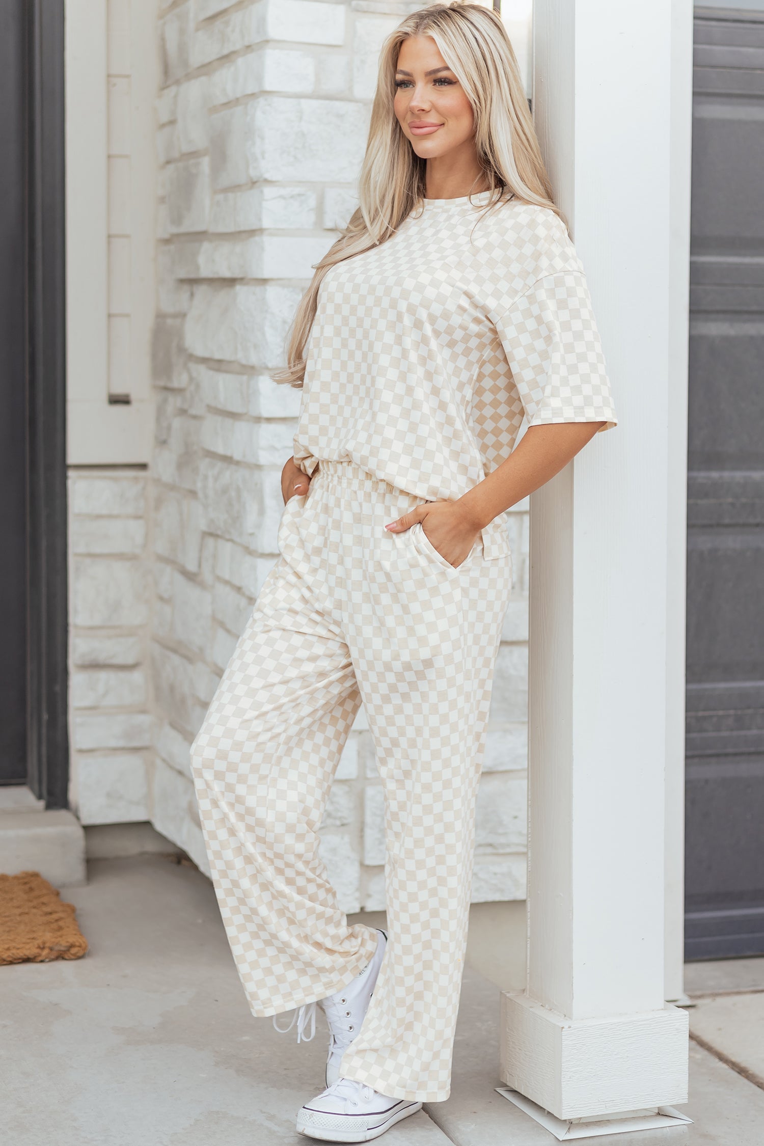 Women's Khaki Checkered Print Half Sleeve Tee & Wide Leg Lounge Pant Set | UK 8-22 at LivelyLooks