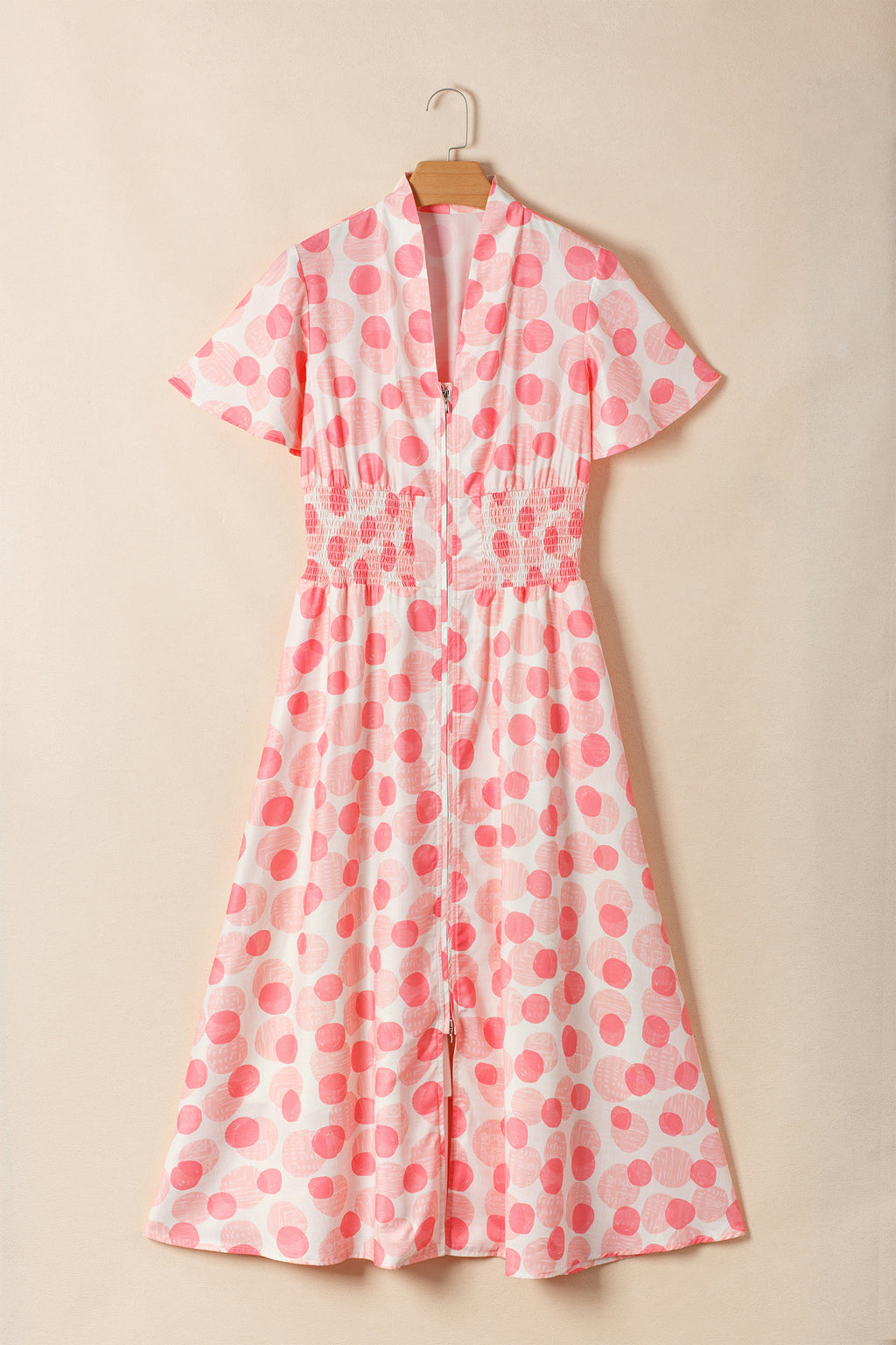 Women's Pink Polka Dot Ruffle Short Sleeve Zip-Up Maxi Dress at LivelyLooks
