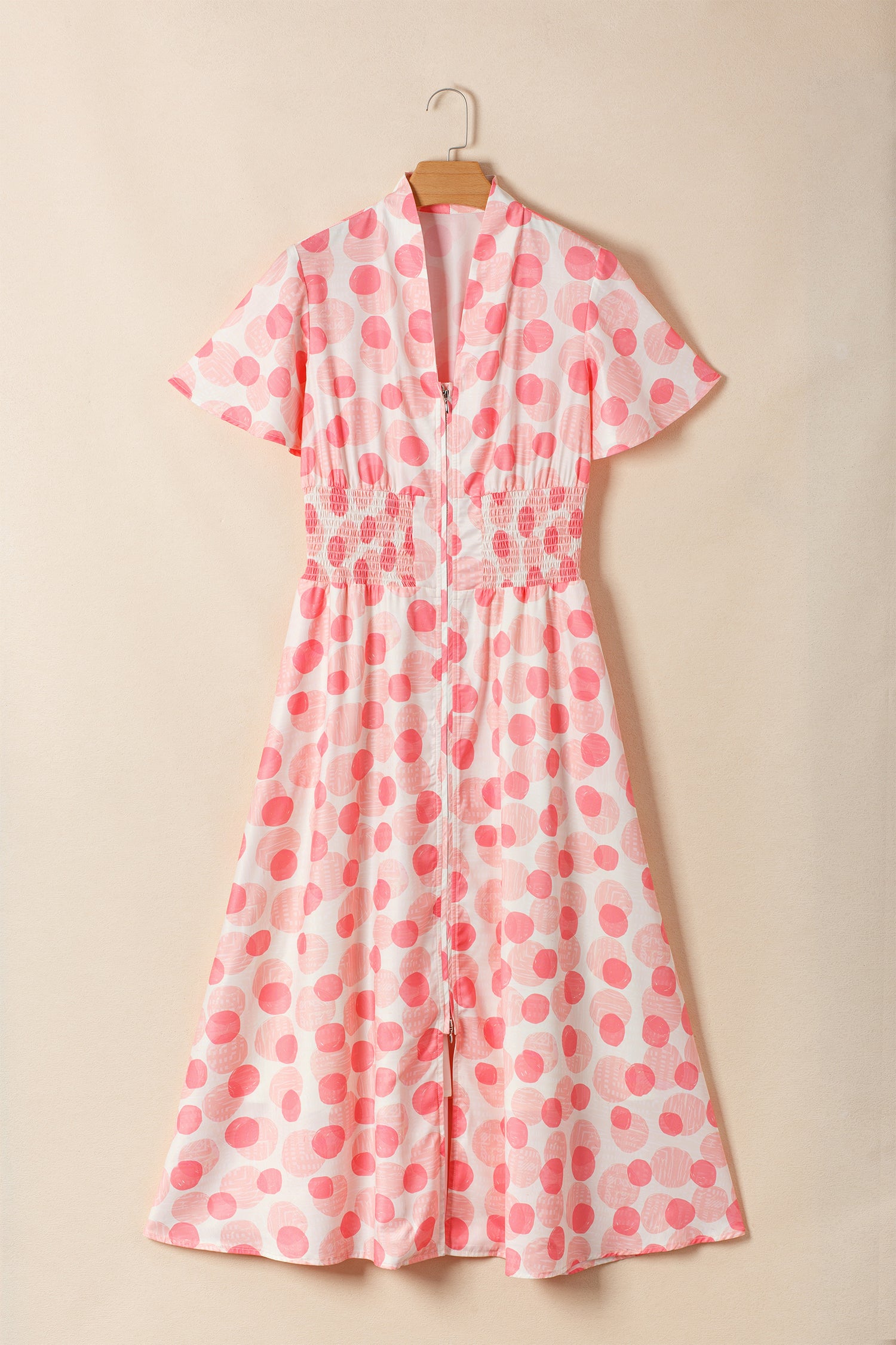 Women's Pink Polka Dot Ruffle Short Sleeve Zip-Up Maxi Dress at LivelyLooks
