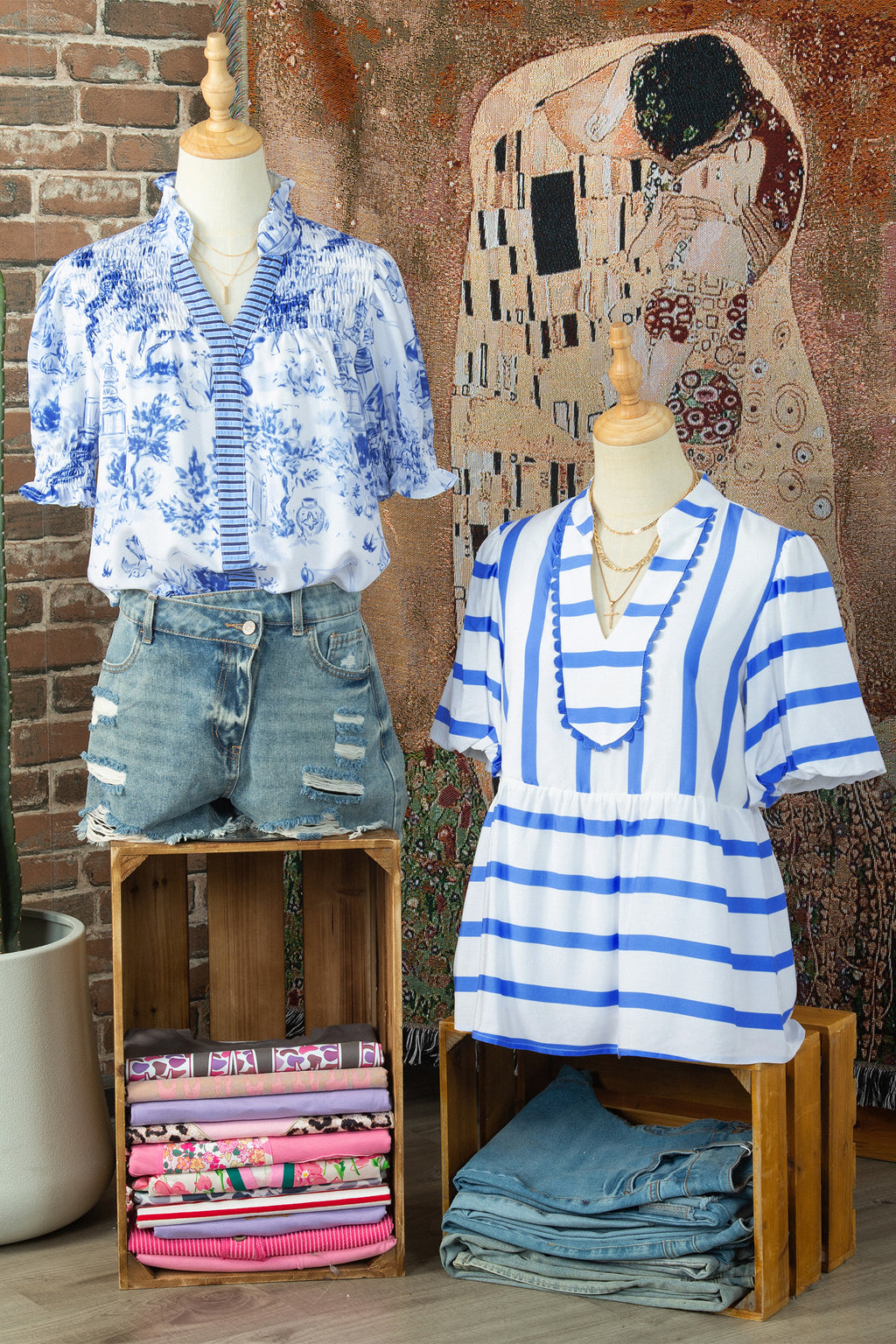 Blue Wild Animal Print Blouse Striped Detail V Neck Short Sleeve Women S-XL