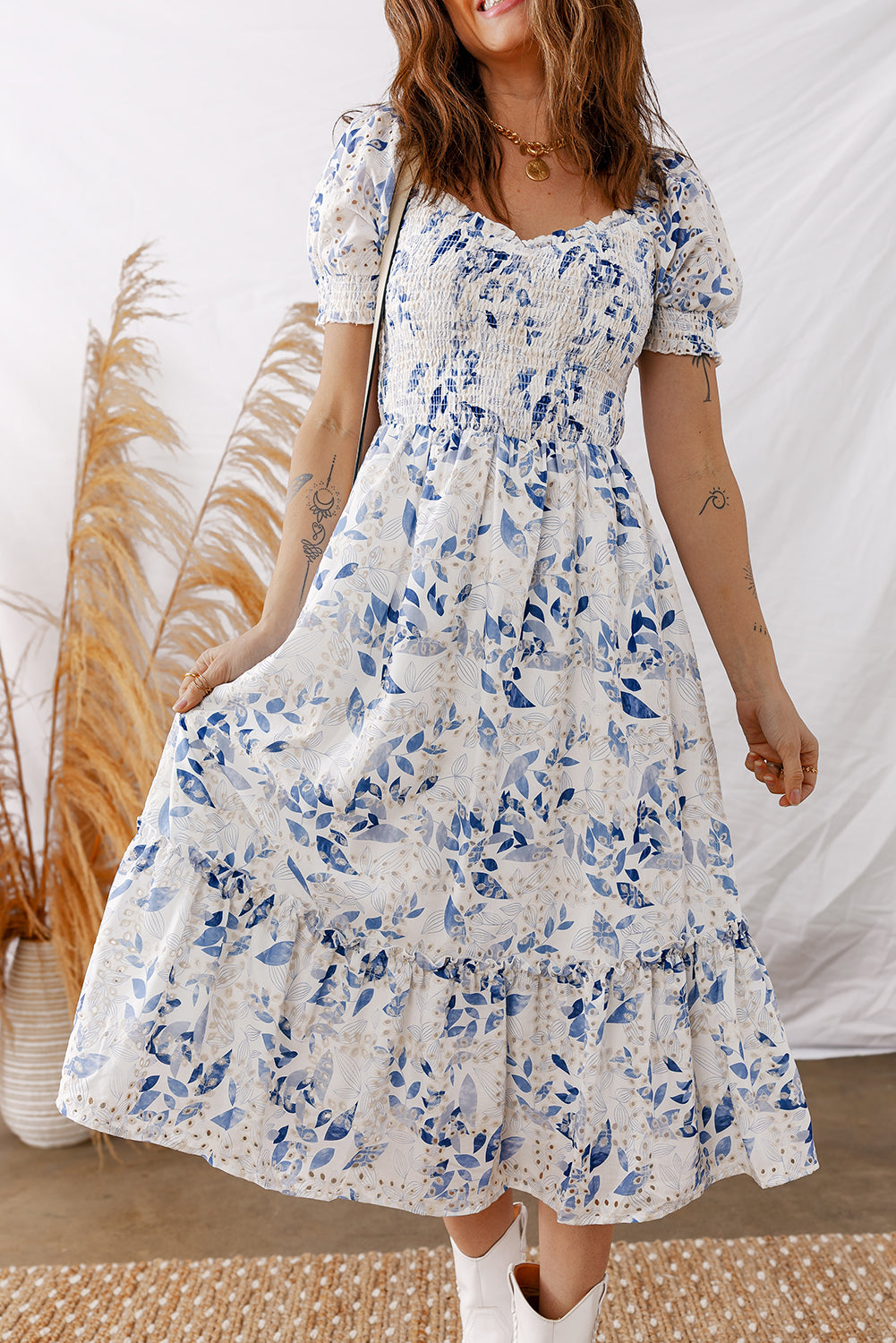 Sky Blue Floral Midi Dress Smocked Bodice Short Puff Sleeve Tiered Women S-XL