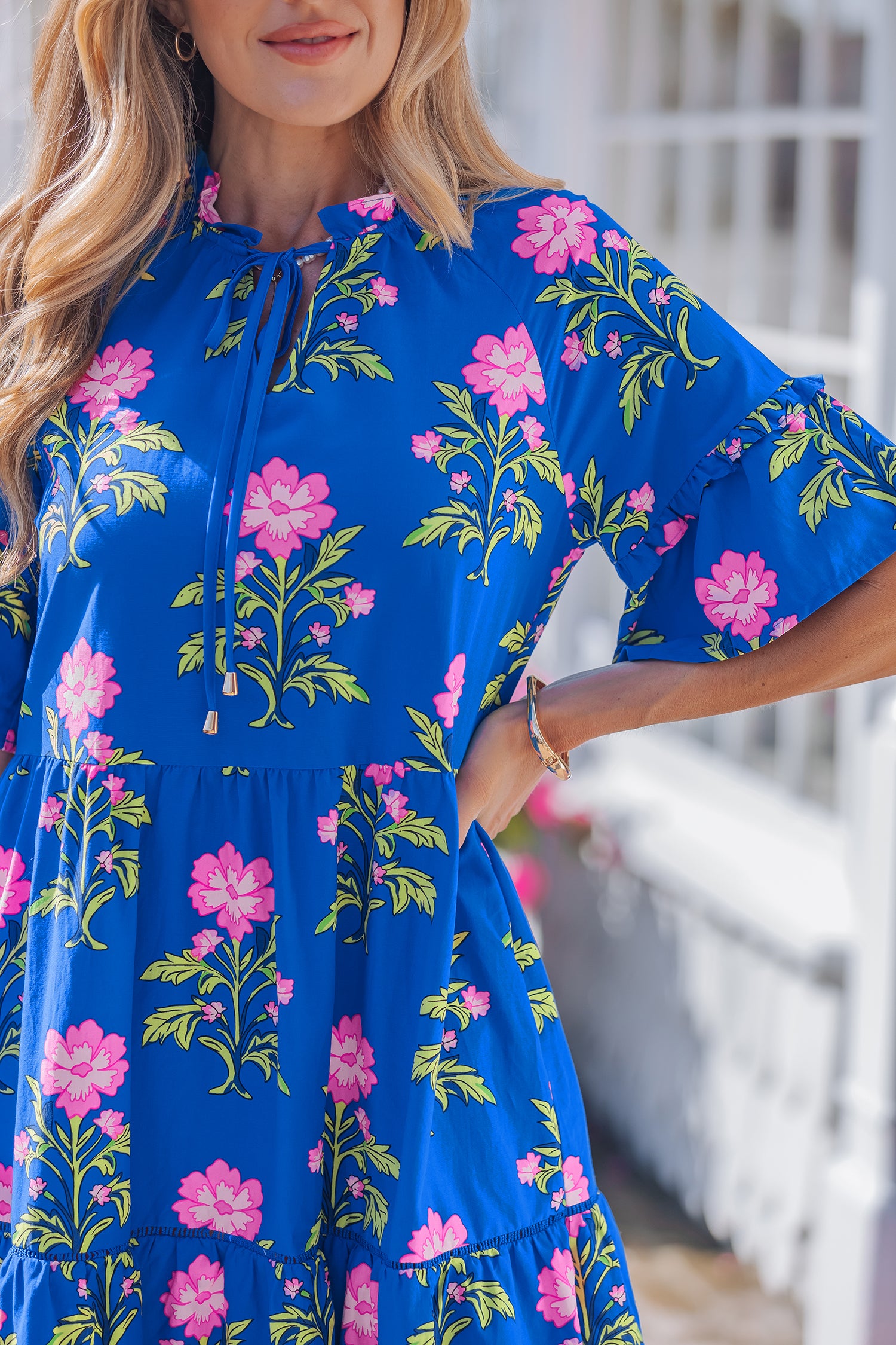 Blue V Neck Short Sleeve Loose Floral Maxi Dress S-XL