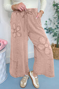 Shop Flower Patch Mineral Washed Terry Knit Cropped Wide Leg Trousers S-2XL at LivelyLooks
