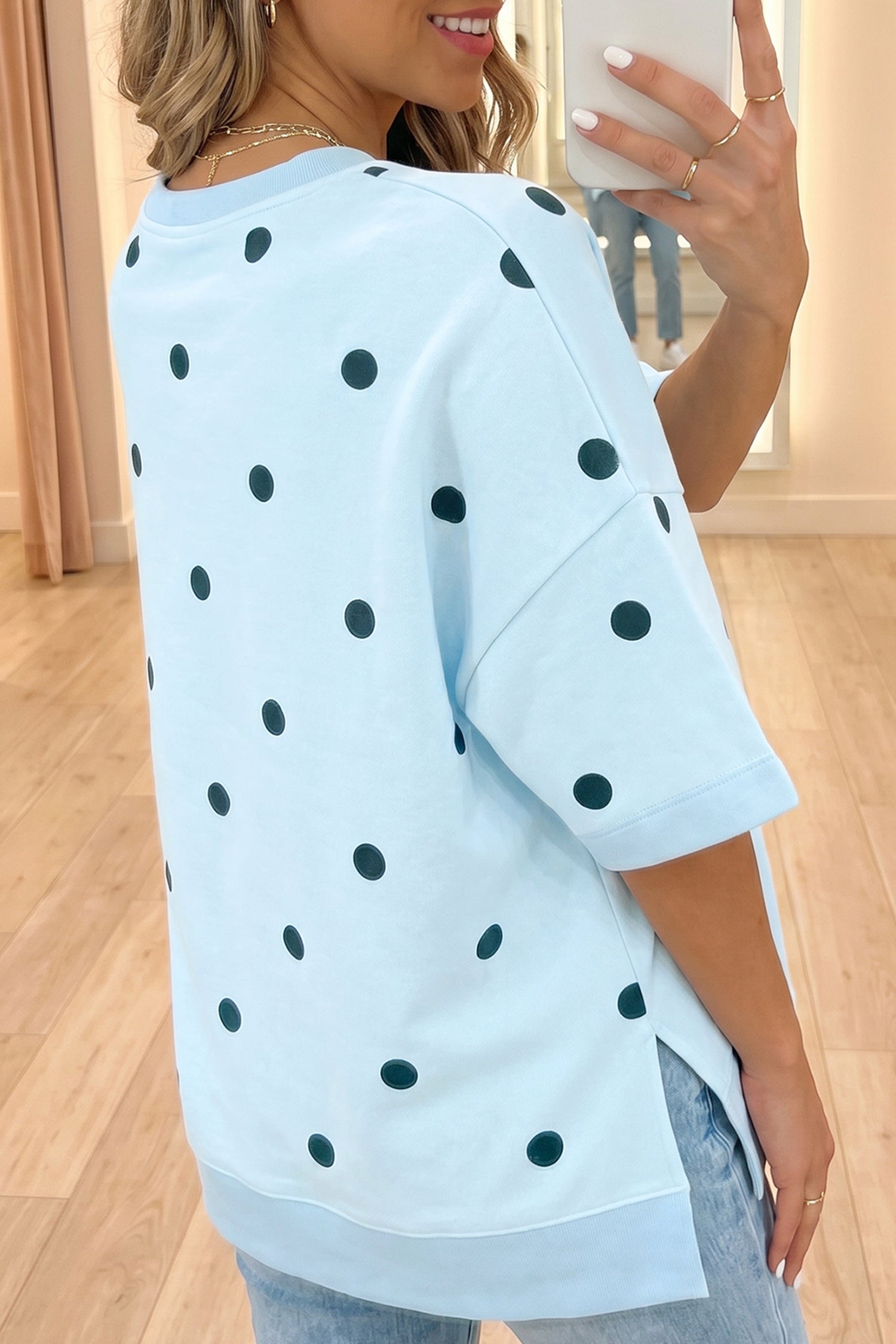 Women's Polka Dot Oversized Tee Crossed Seam Detail Yellow Sky Blue S-XL