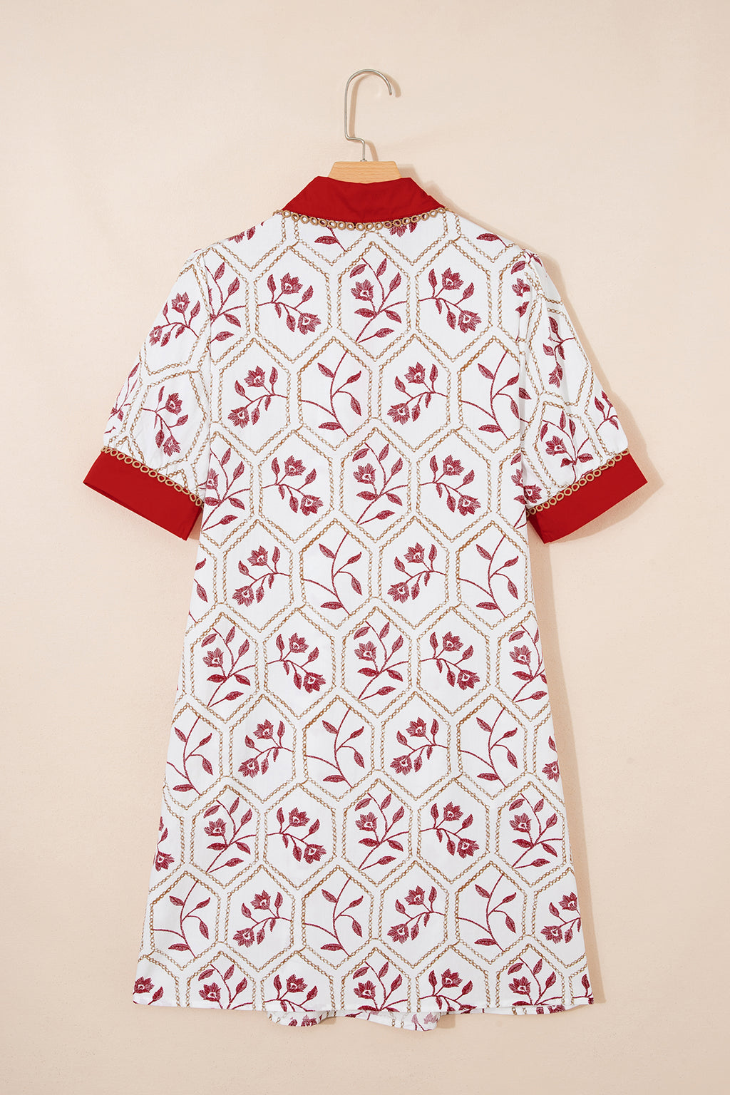 Red & Blue Geometric Floral Lace Trim Collared Short Sleeve Mini Dress S-XL