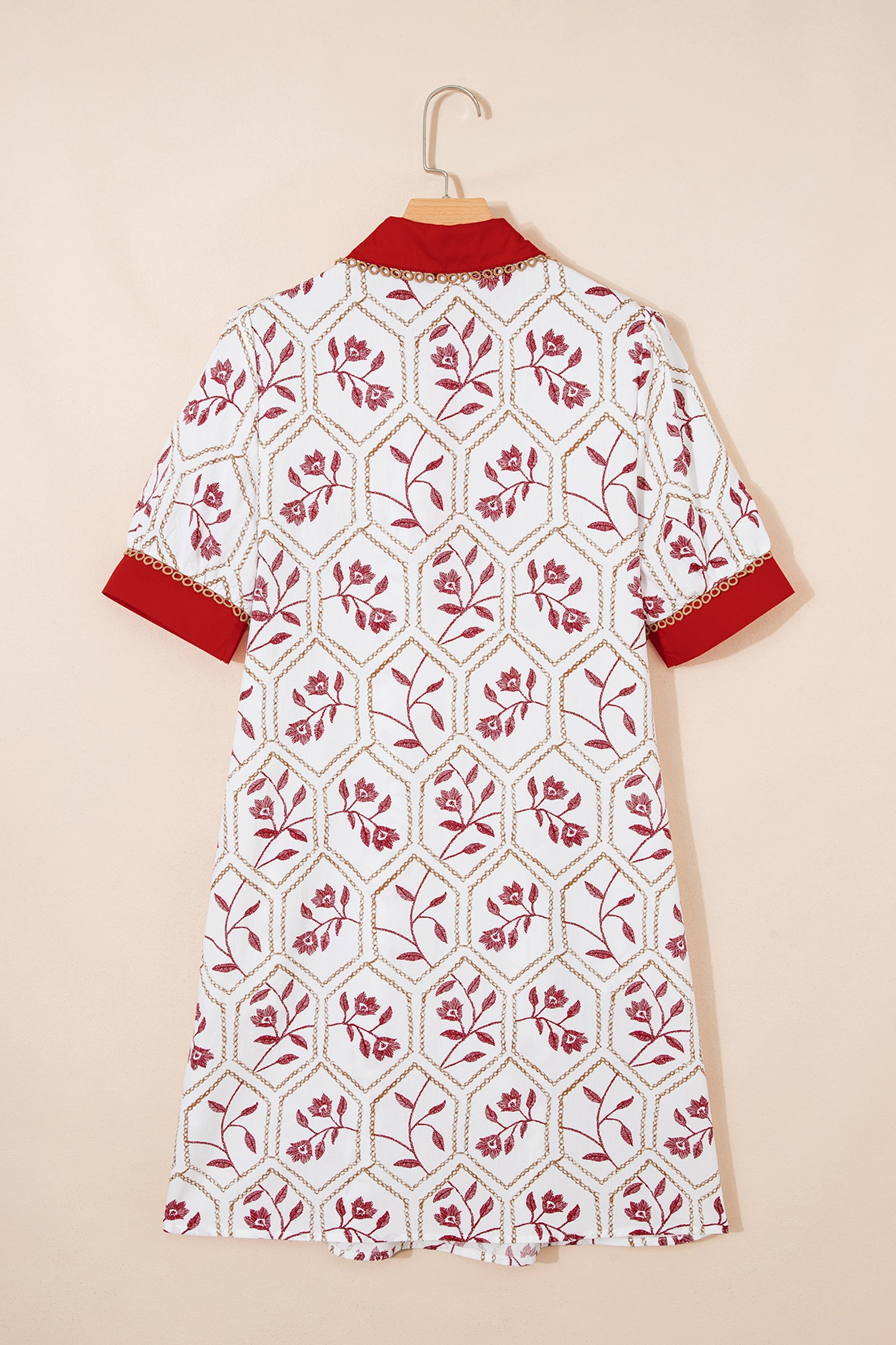 Red & Blue Geometric Floral Lace Trim Collared Short Sleeve Mini Dress S-XL