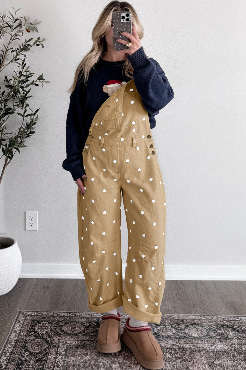 Polka Dot Denim Barrel Overalls Jumpsuit | Cream Beige Pink UK 8–22