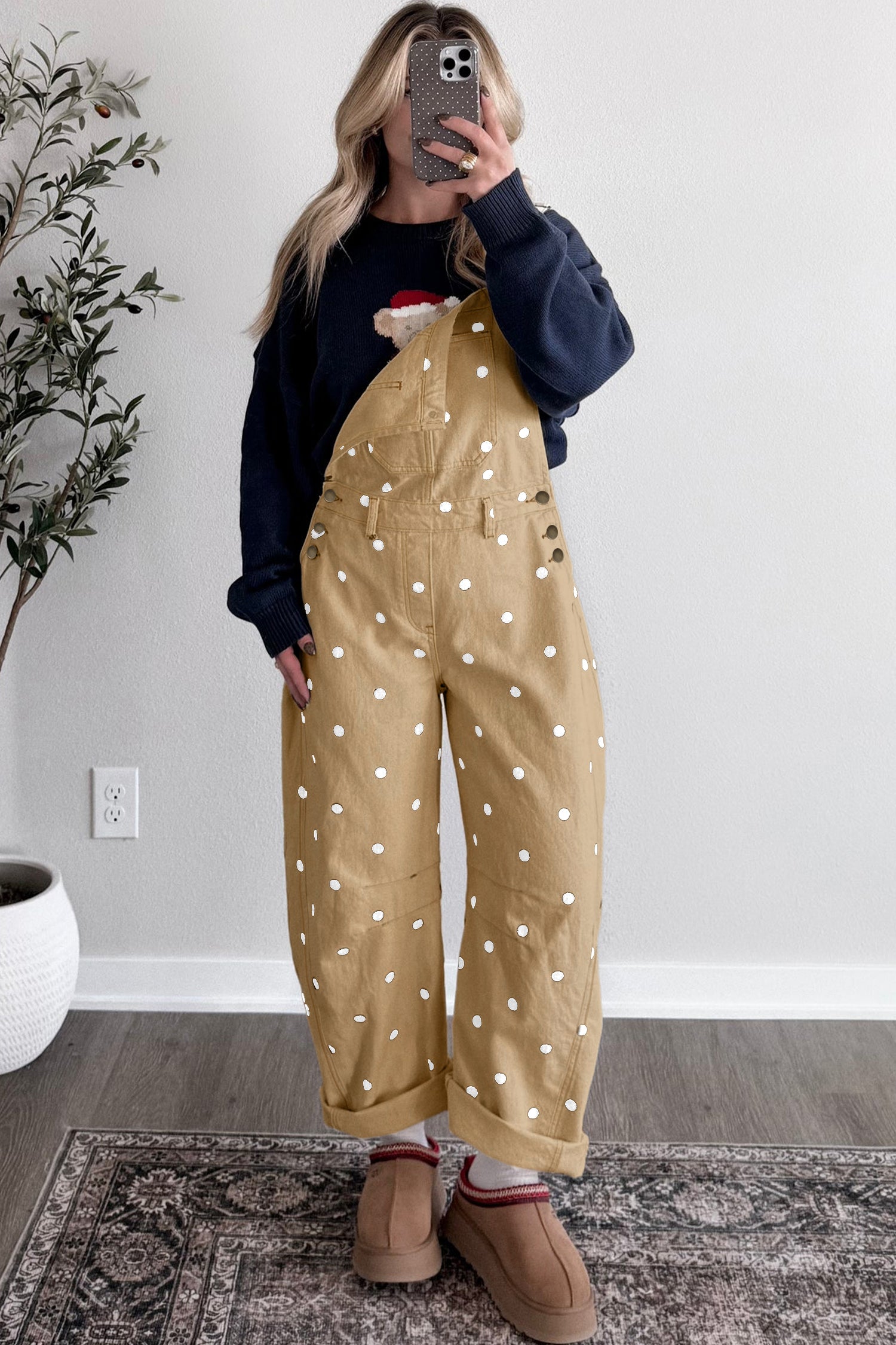 Polka Dot Denim Barrel Overalls Jumpsuit | Cream Beige Pink UK 8–22