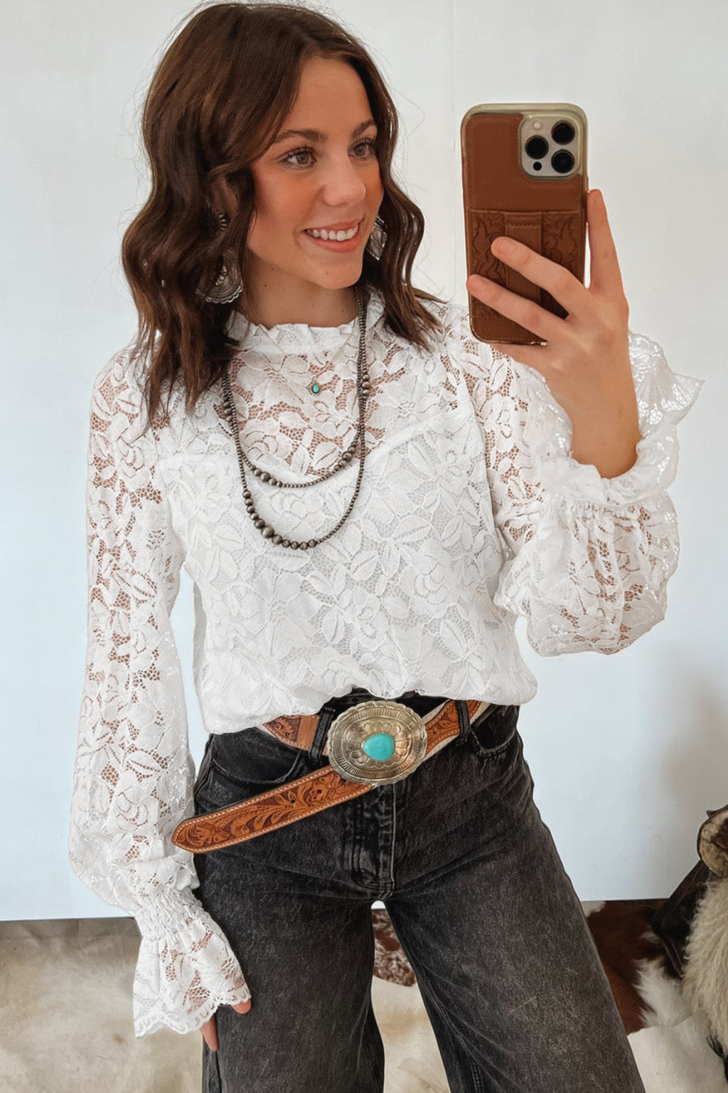 White Sheer Lace Blouse Ruffled Round Neck Long Flounce Sleeve Women S-XL
