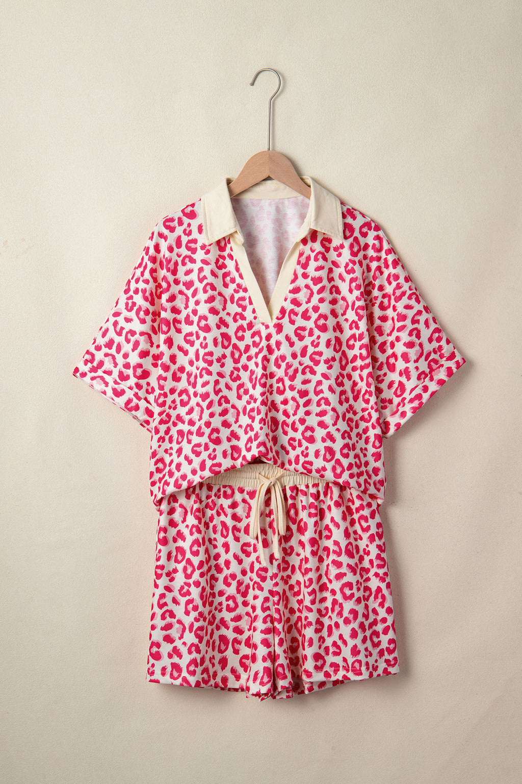 Leopard Print V-Neck Collar 2pcs Short Set | Rose, Khaki & Brown