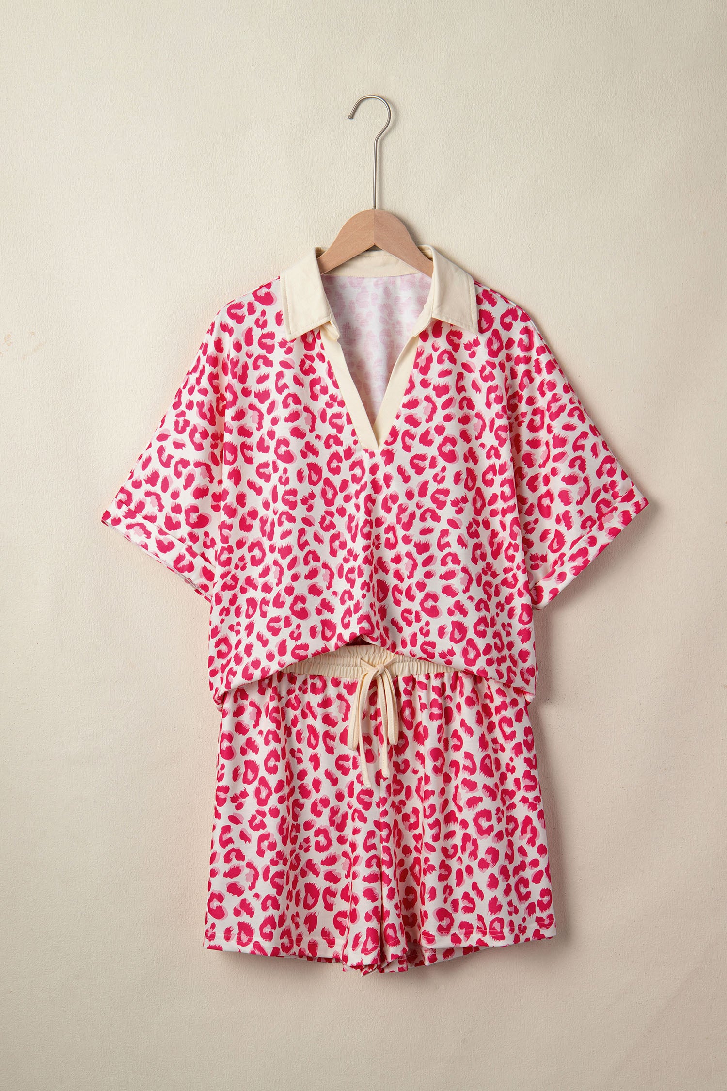 Leopard Print V-Neck Collar 2pcs Short Set | Rose, Khaki & Brown