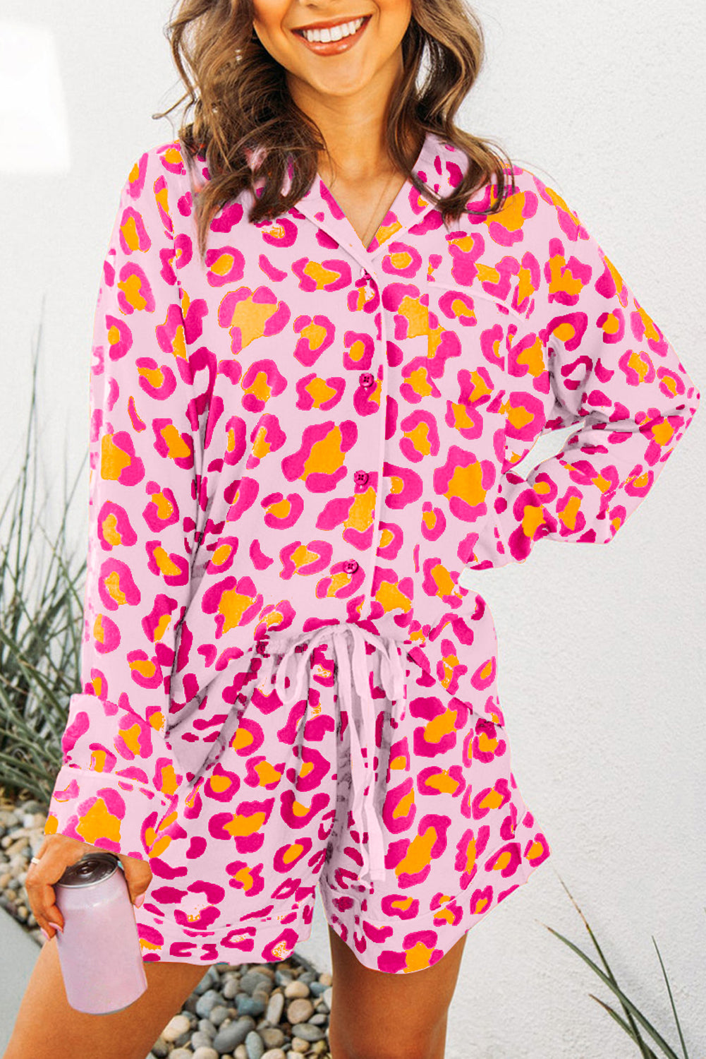 Women's Orange Leopard Print Long Sleeve Shirt and Shorts Pyjama Set Nightwear PJ Lounge at LivelyLooks