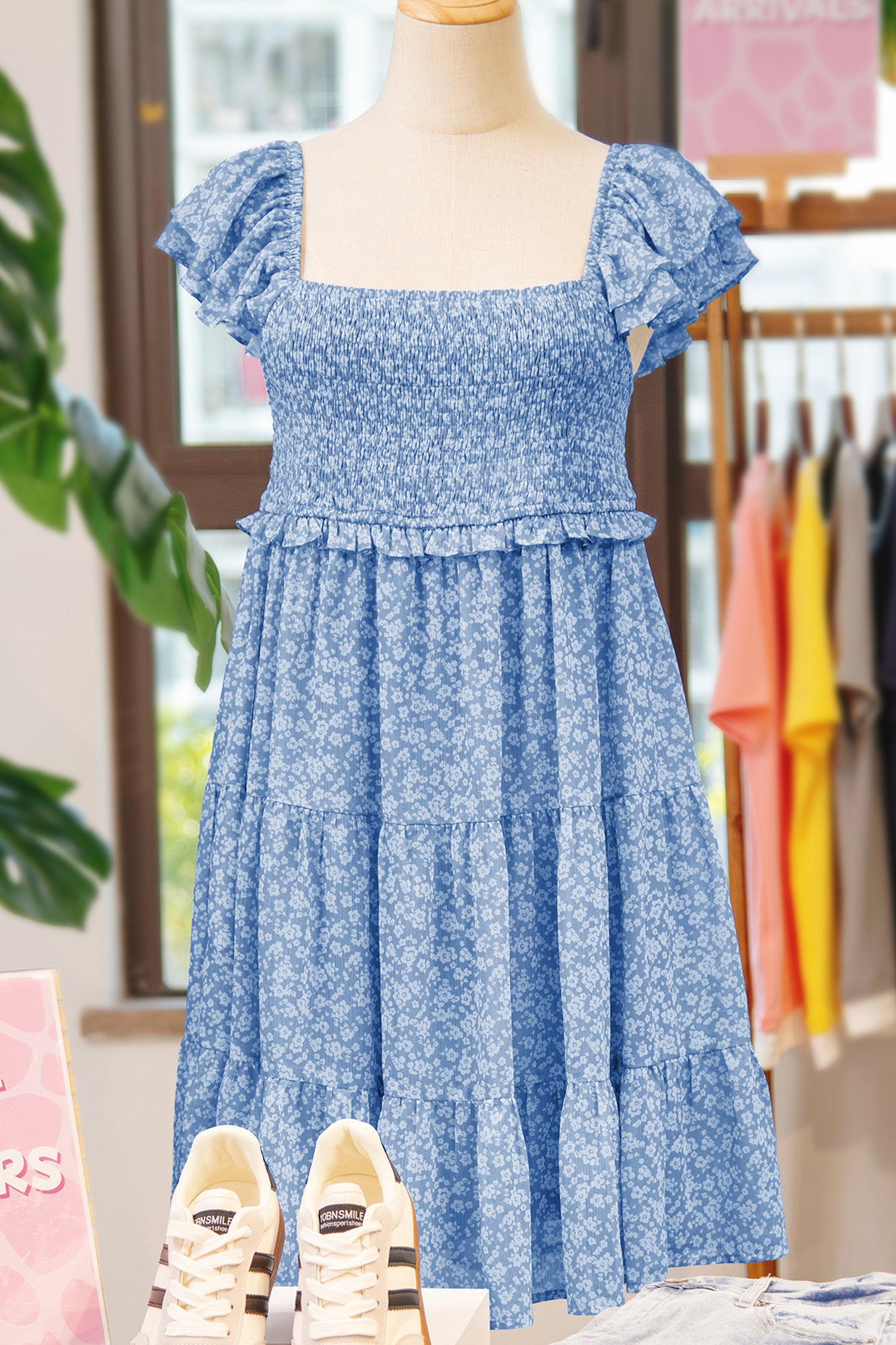 Sky Blue Floral Smocked Tiered Mini Dress Square Neck Flutter Sleeve