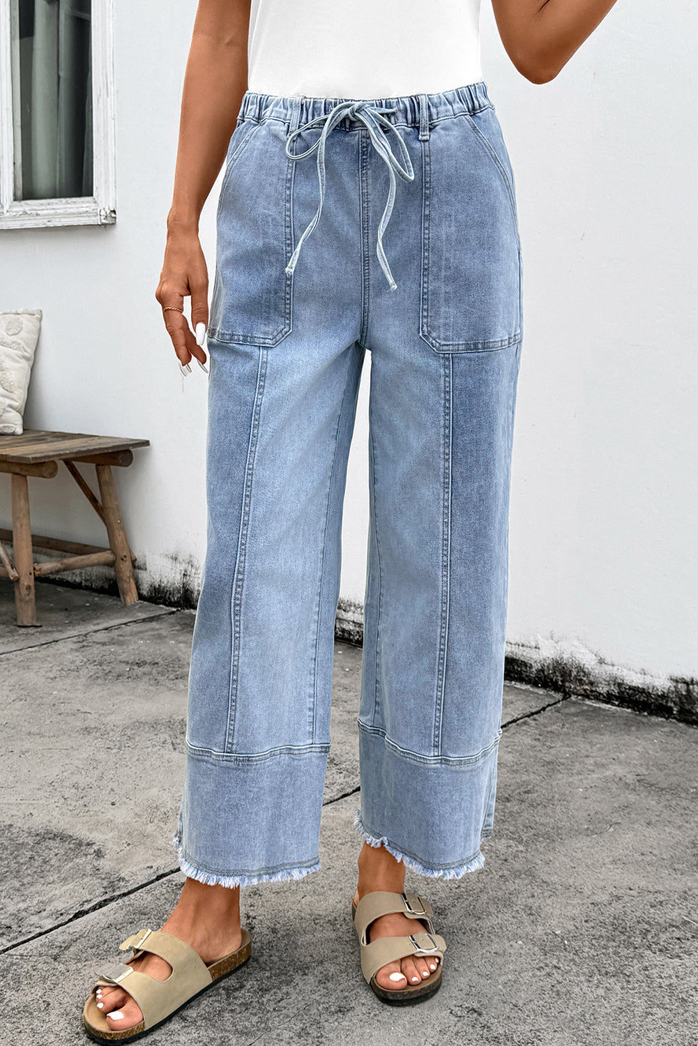 Shop Drawstring Seam Detail Raw Hem Wide Leg Denim Jeans UK 8-22 at LivelyLooks