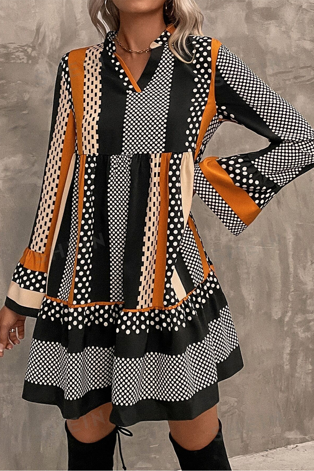 Black Striped Polka Dot Print Ruffle Hem V Neck Mini Dress S-XL