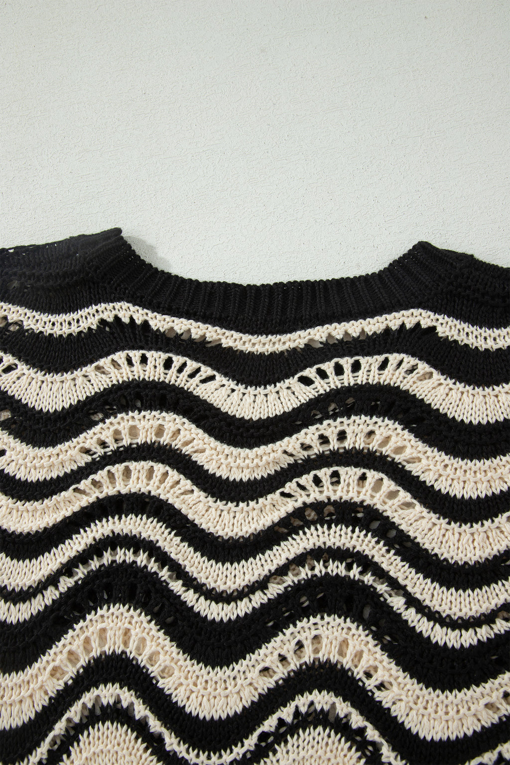 Shop Black Stripe Wavy Crochet Eyelet Detail Ruffle Half Sleeve Sweater at LivelyLooks
