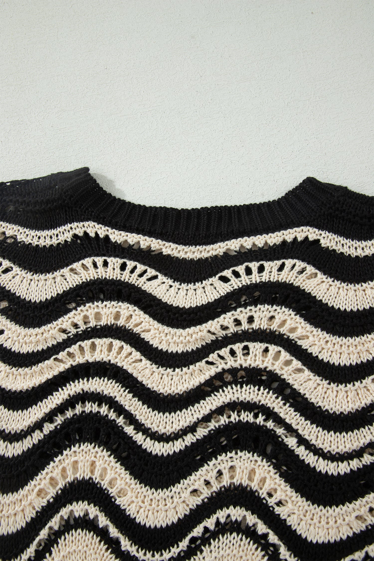 Shop Black Stripe Wavy Crochet Eyelet Detail Ruffle Half Sleeve Sweater at LivelyLooks