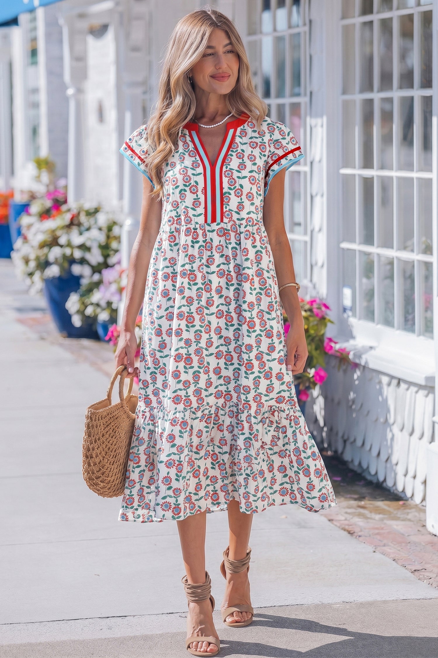 Sunflower Print Flutter Sleeve Maxi Dress Striped Trim Sky Blue Red UK 8-22