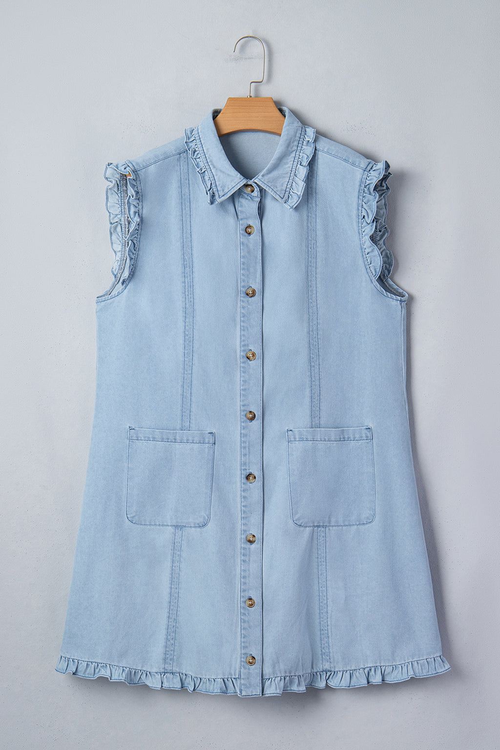 Women's Sail Blue Ruffled Collar Shift Denim Dress with Pockets at LivelyLooks