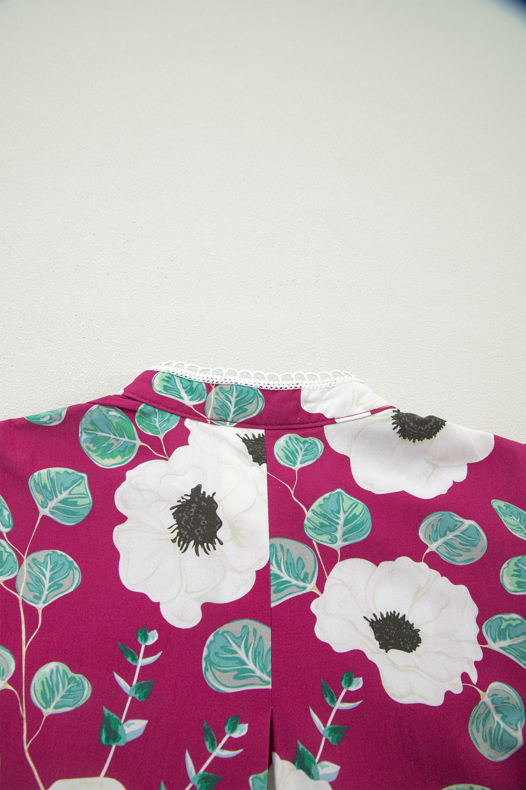 Red Floral Print Trimmed Short Puff Sleeve Belted Mini Dress | UK 8–22