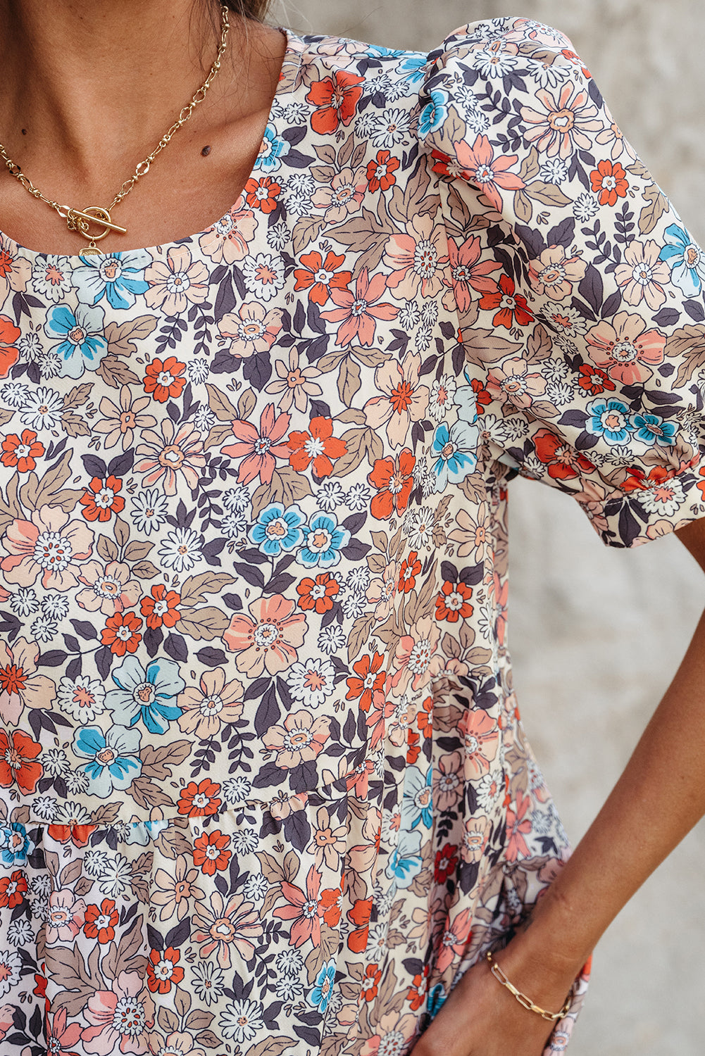 LivelyLooks Beige Boho Floral Puff Sleeve Crew Neck Mini Dress women's fashion
